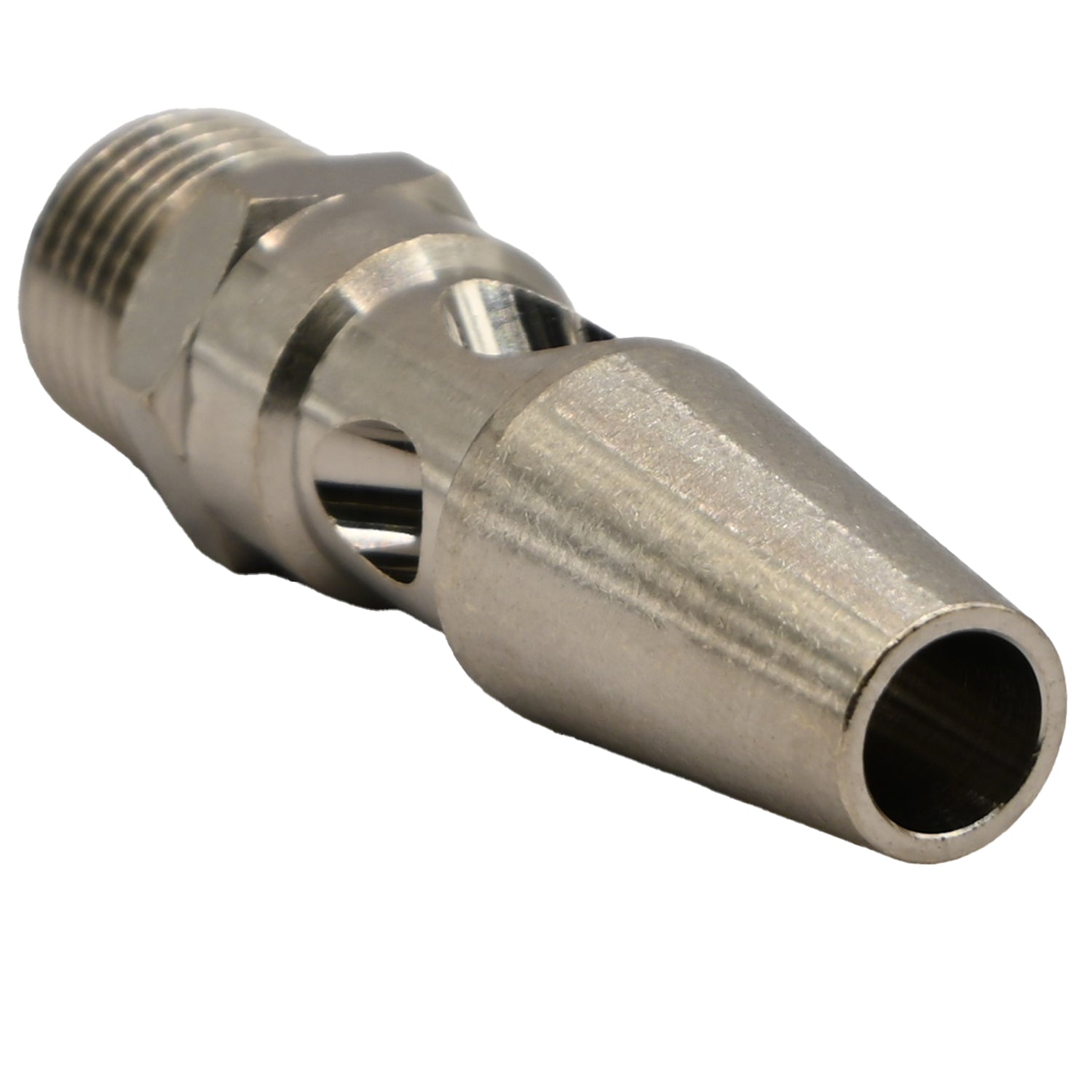 Conical metal air nozzle with threaded base and two through holes on white background. 