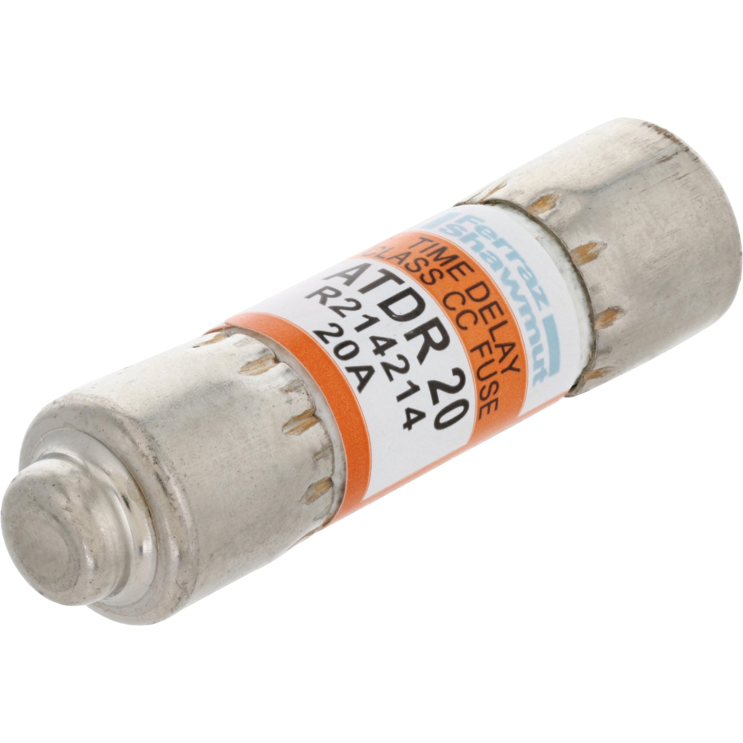 Metal 20 Amp Time-Delay fuse with orange, blue and black label on center. Fuse is on a white background. 