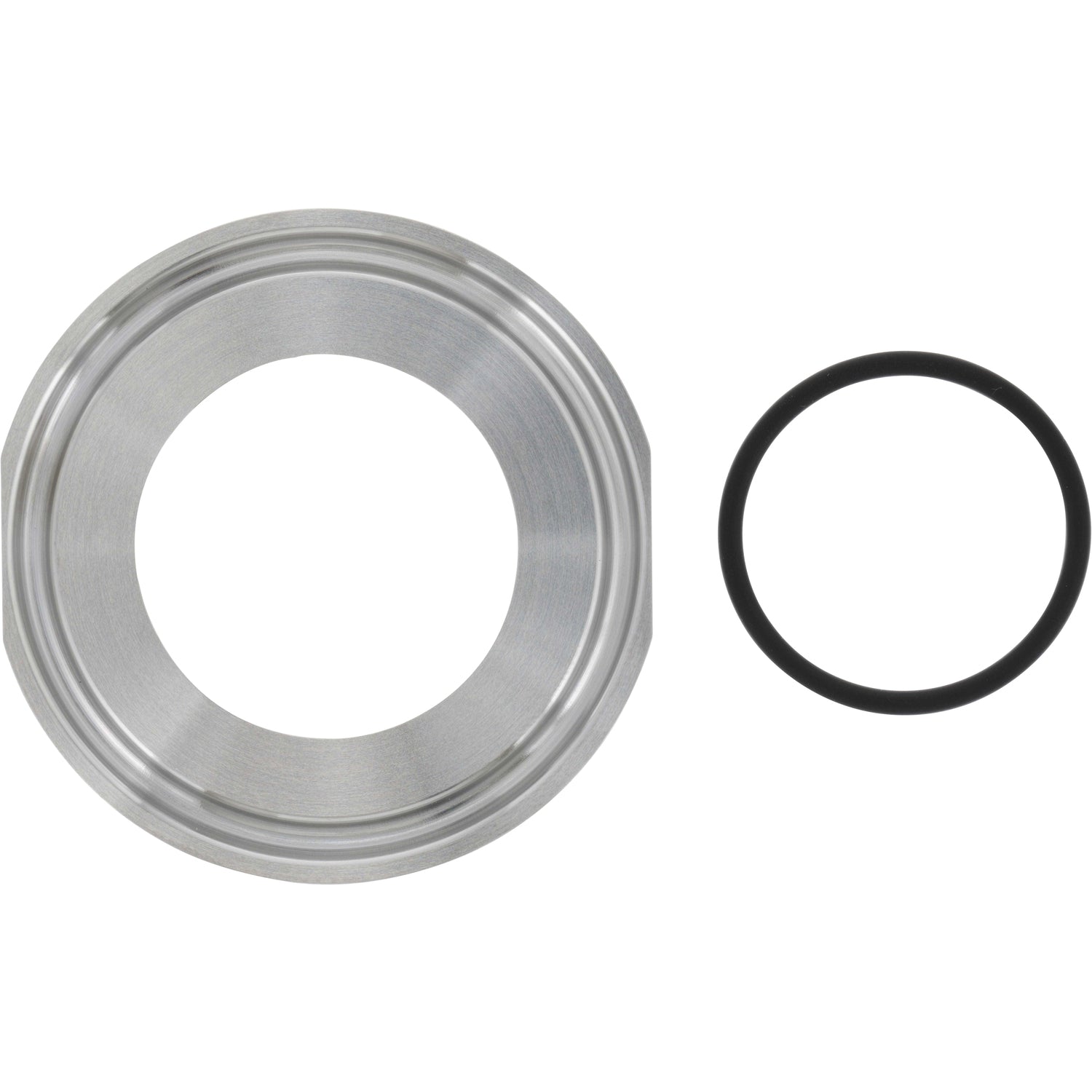 Underside of circular, stainless-steel adapter plate with threaded inner hole, placed to the left of a black rubber oring. Both parts are shown on a white background. E33208