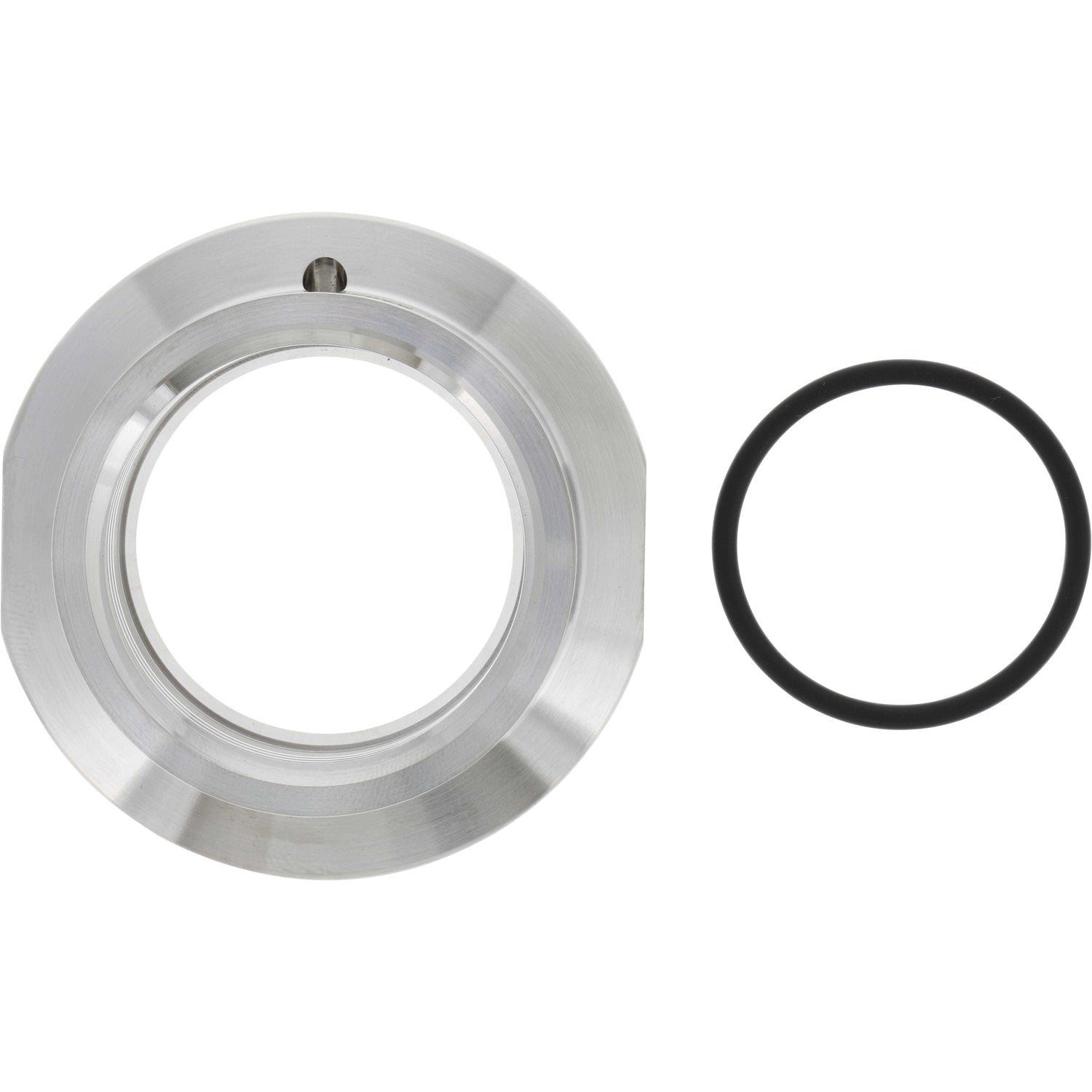 Circular, stainless-steel adapter plate with threaded inner hole, placed to the left of a black rubber oring. Both parts are shown on a white background. E33208