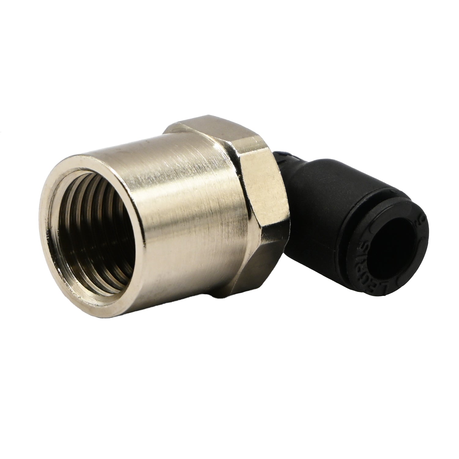 90 degree swivel elbow push to connect tube fitting with nickel plated threaded brass base and black plastic tube connector. Part shown on white background. 