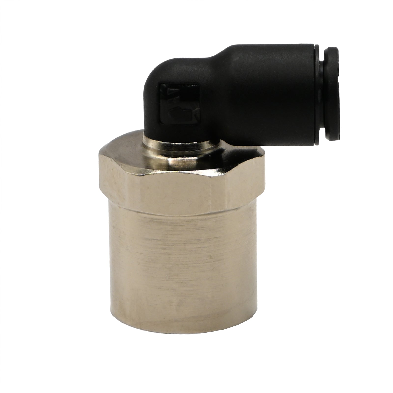 90 degree swivel elbow push to connect tube fitting with nickel plated threaded brass base and black plastic tube connector. Part shown on white background. 