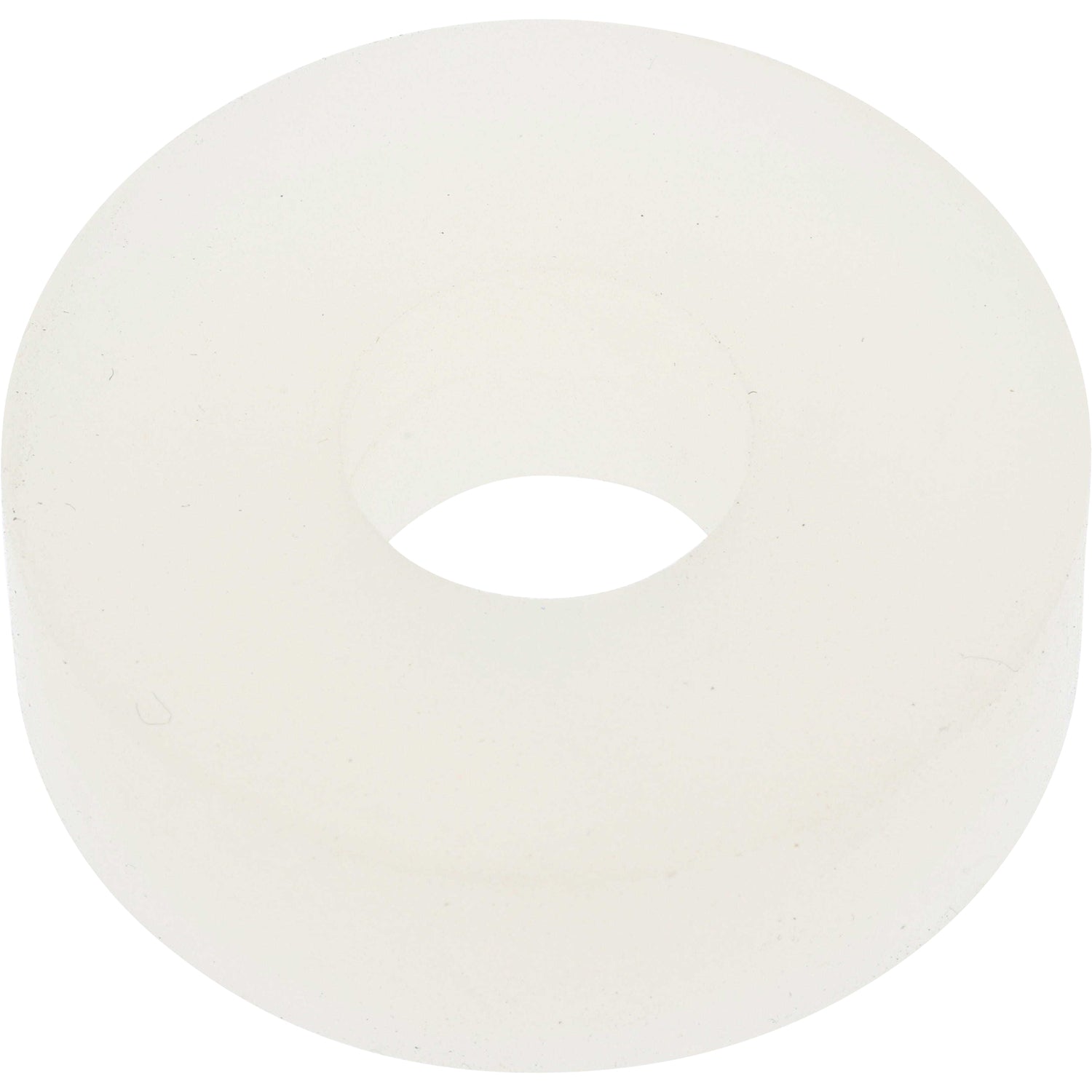 Off white, disk shaped rubber seal with hole in center on white background. P0-00152