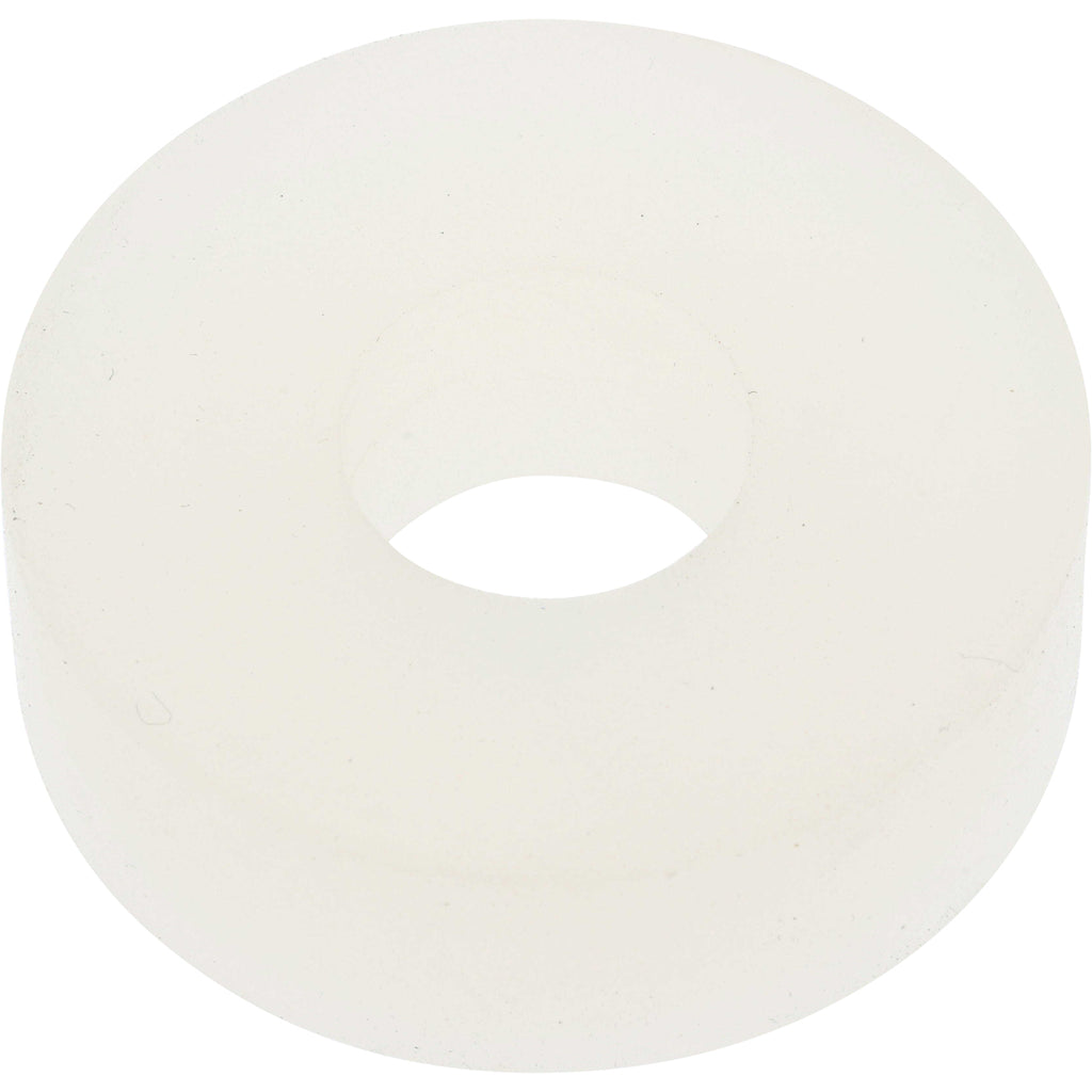 Off white, disk shaped rubber seal with hole in center on white background. P0-00152