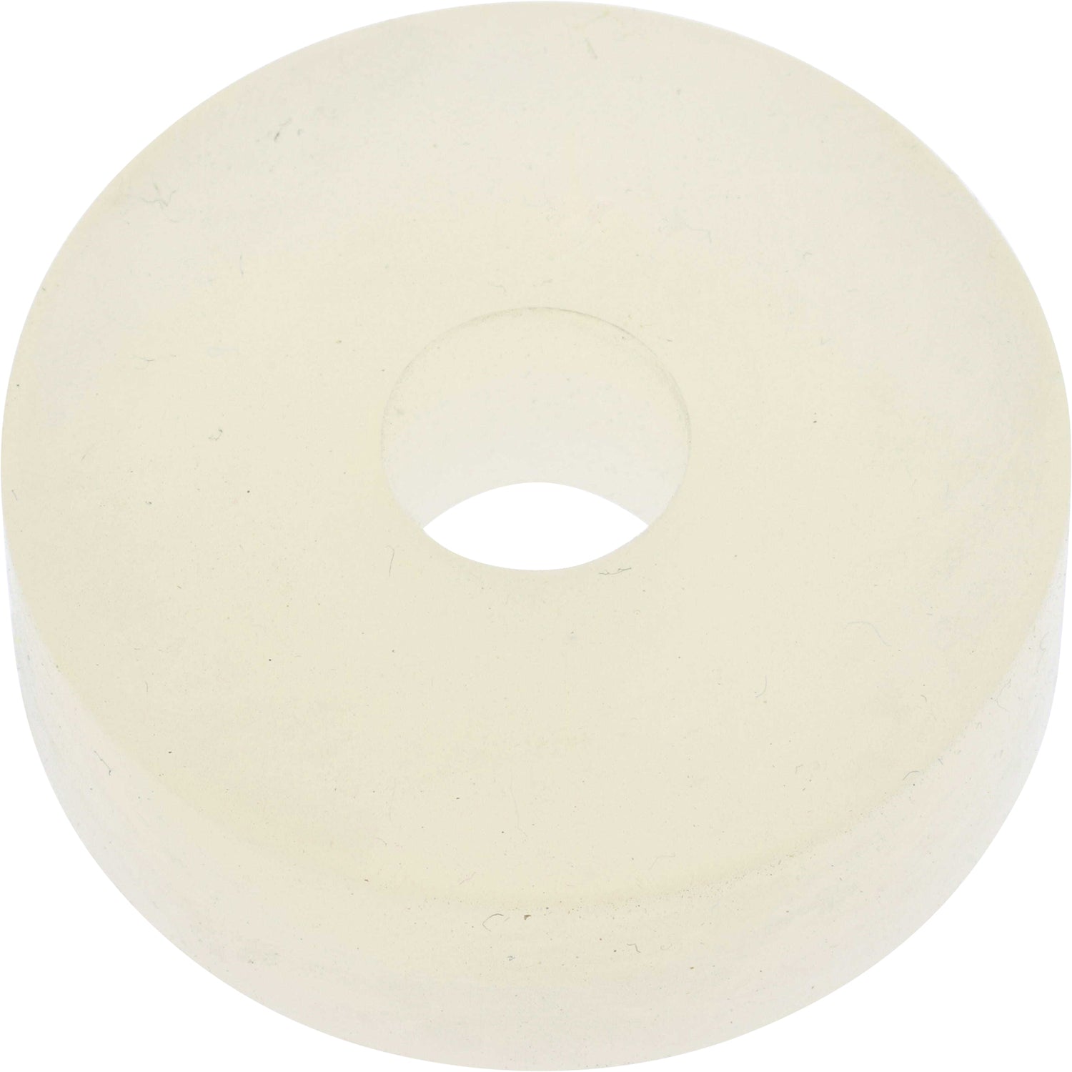 Off white, disk shaped rubber seal with hole in center on white background. P0-00153