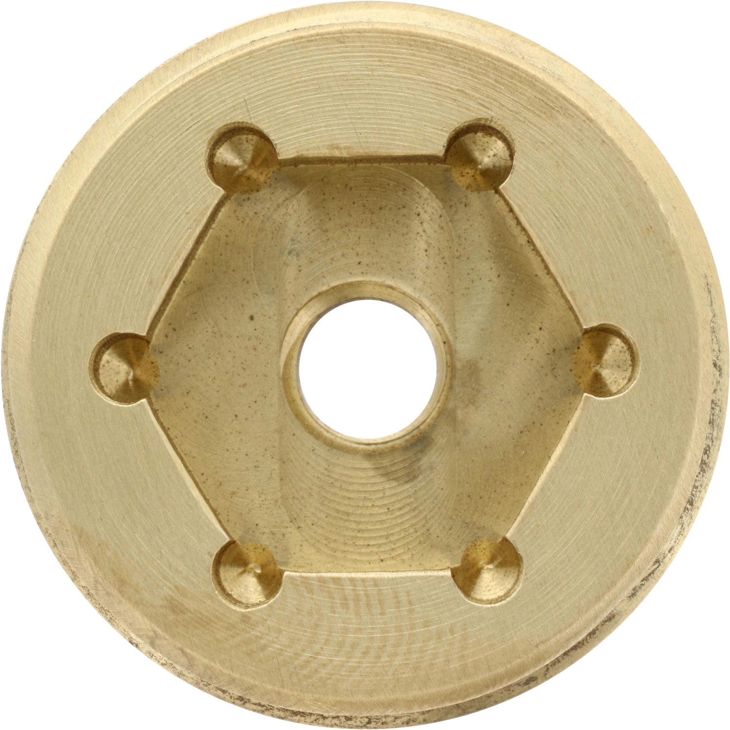 Circular top surface of machined brass on white background. Surface has a hexagonal cut out in the center with a circular threaded through hole cut through the part. FC6B