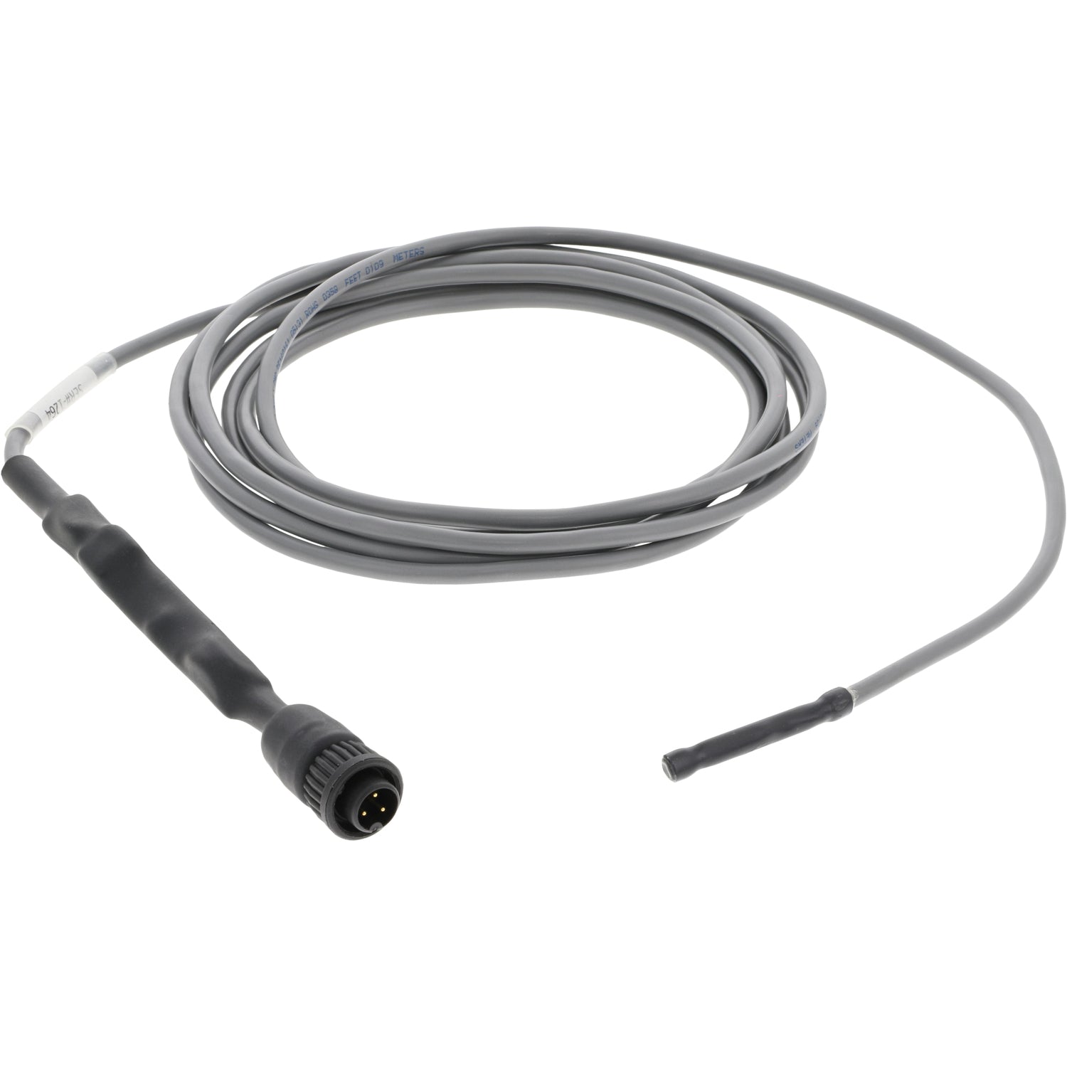 Grey coiled cable with a black plastic female electrical connection on one end and a black temperature sensor on the other. Shown on white background. 