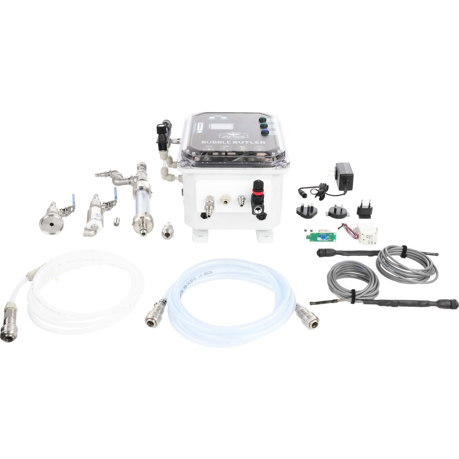 An assortment of Bubble Butler parts shown on a white background that include pipe fittings and fasteners, tubing, temp sensors, solenoids and plug adapters.