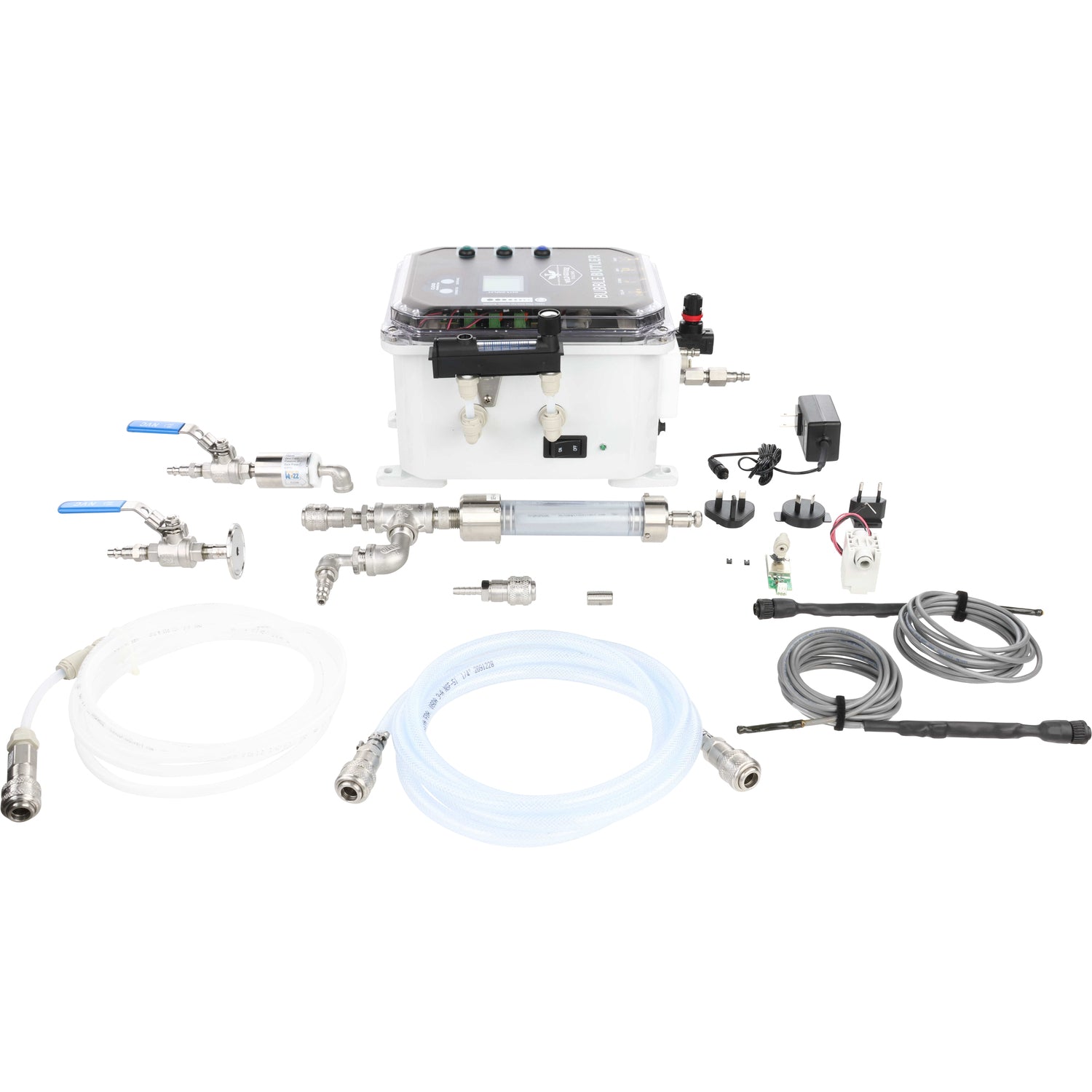 An assortment of Bubble Butler parts shown on a white background that include pipe fittings and fasteners, tubing, temp sensors, solenoids and plug adapters.