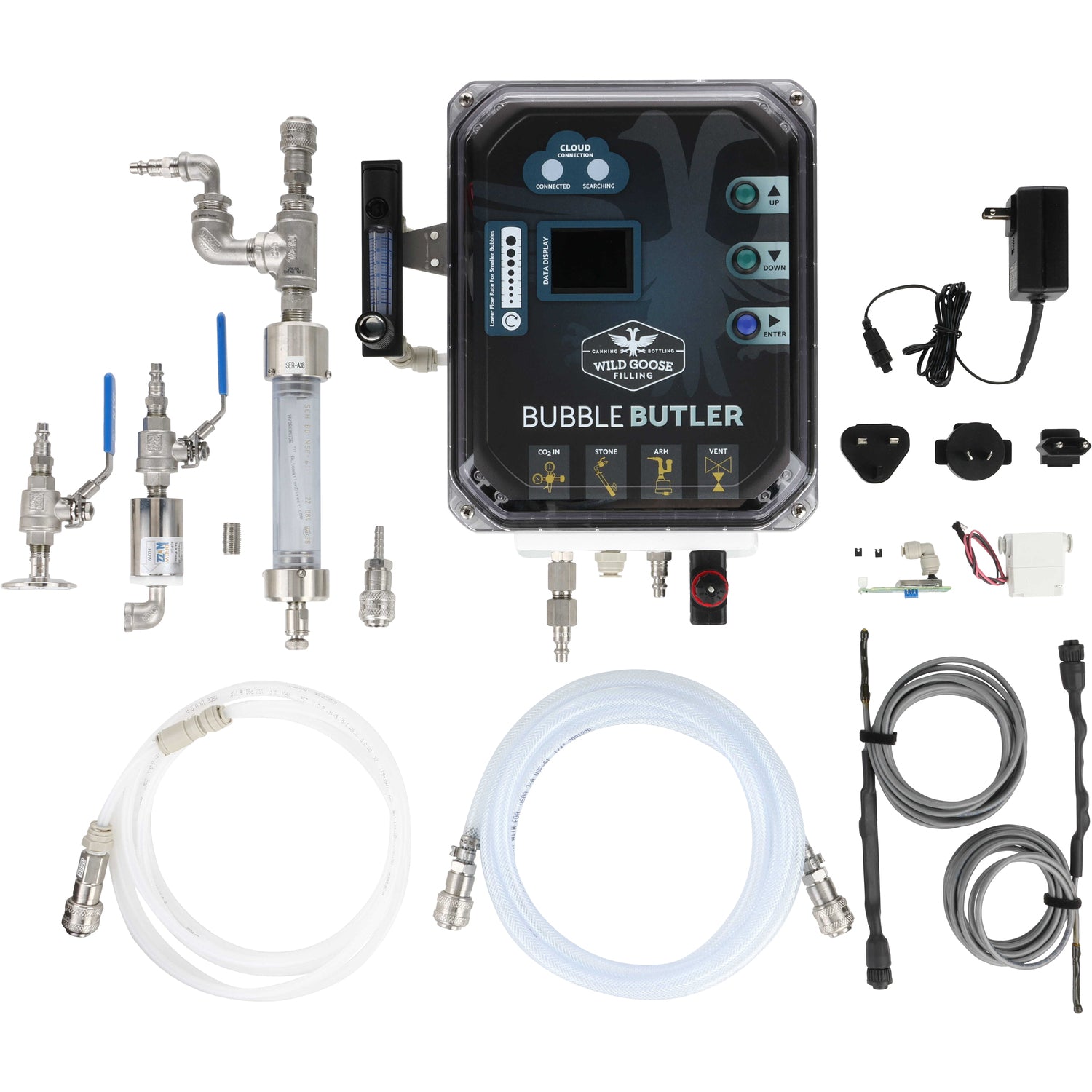 An assortment of Bubble Butler parts shown on a white background that include pipe fittings and fasteners, tubing, temp sensors, solenoids and plug adapters.
