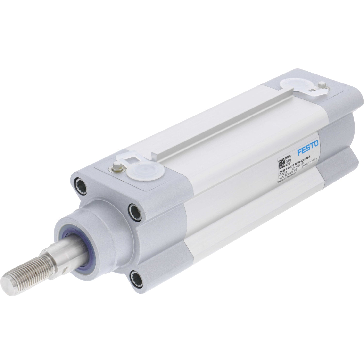 Pneumatic cylinder on white background. Cylinder's threaded cylinder rod and seal are shown. 570078 DSBF-C-40-70-PPVA-A3-10E-R