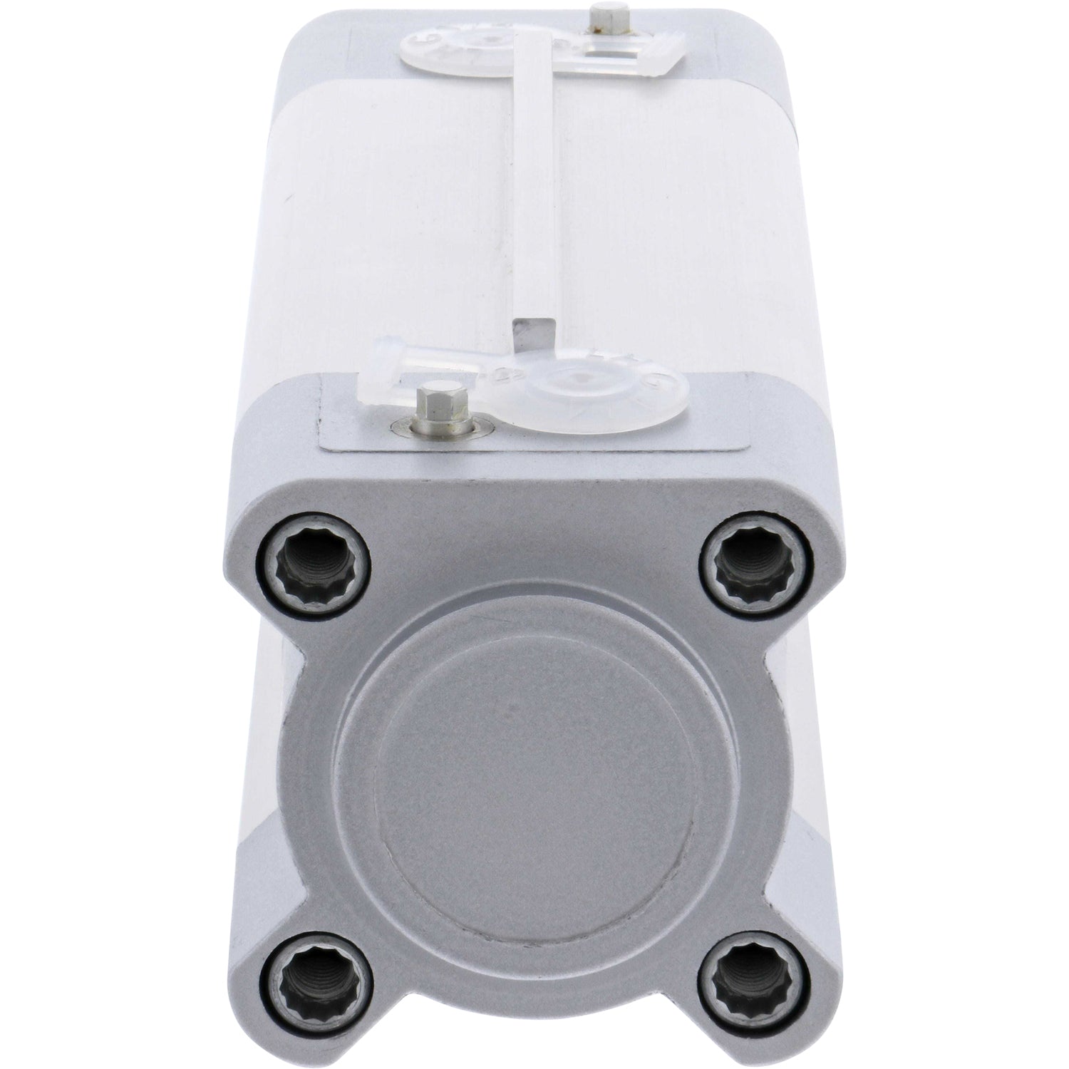 Pneumatic cylinder on white background. Cylinder's end cap is shown. 570078 DSBF-C-40-70-PPVA-A3-10E-R