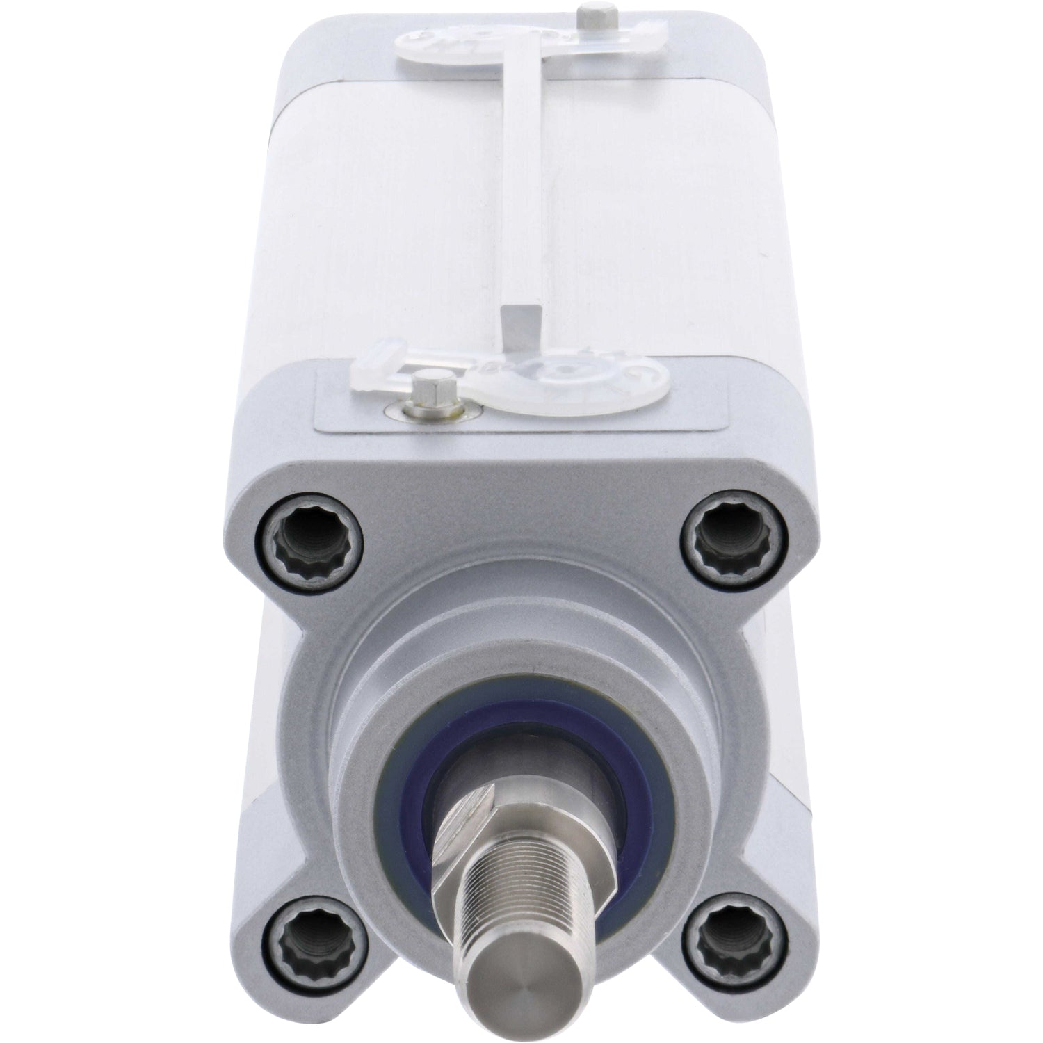 Pneumatic cylinder on white background. Cylinder's threaded rod and seal are shown. 570078 DSBF-C-40-70-PPVA-A3-10E-R