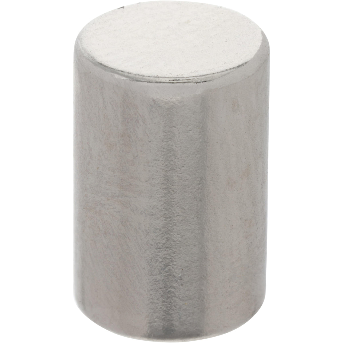 Highly reflective cylindrical magnet. 1/4&quot; dia. x 3/8&quot; thick. Magnet is shown on white background.