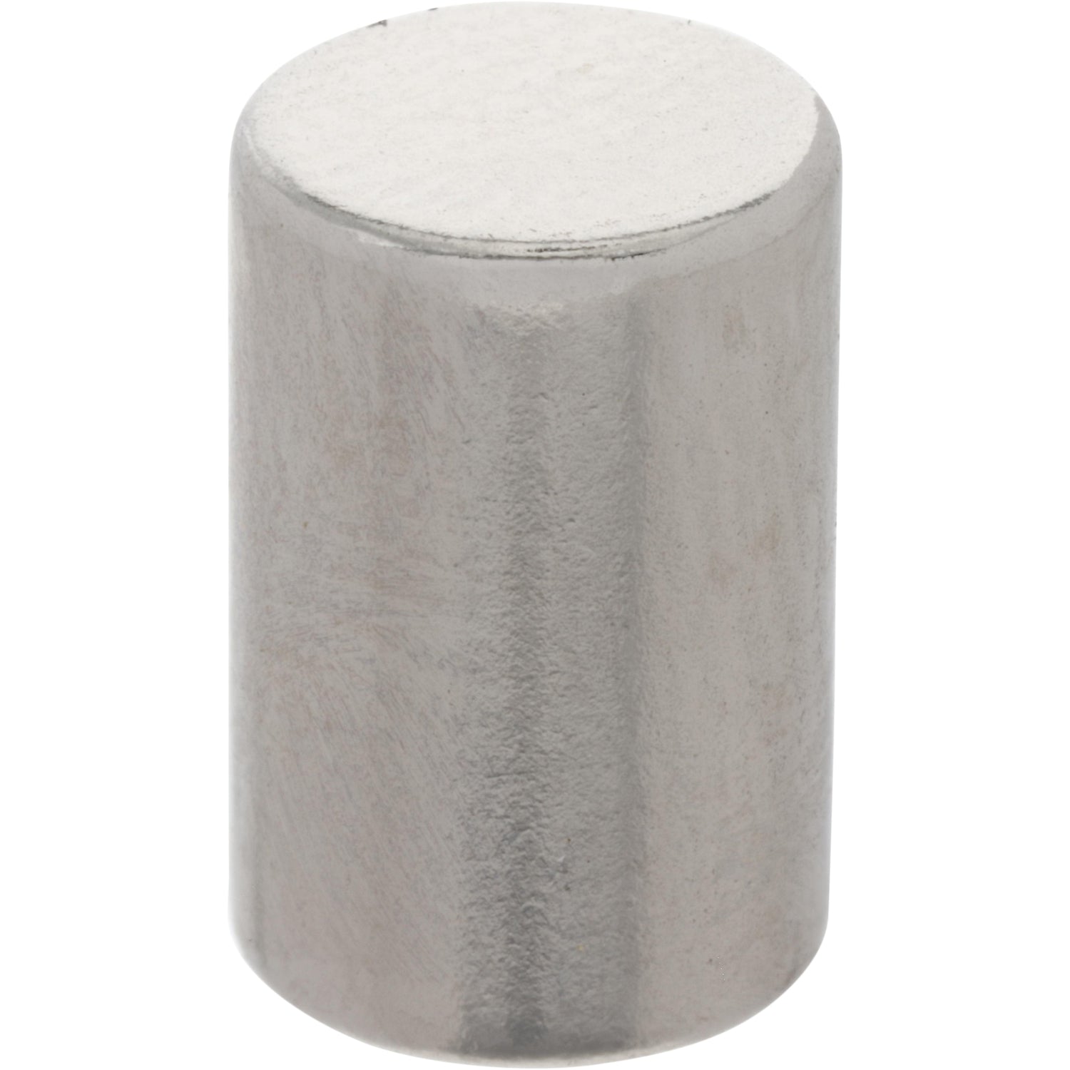 Highly reflective cylindrical magnet. 1/4" dia. x 3/8" thick. Magnet is shown on white background.