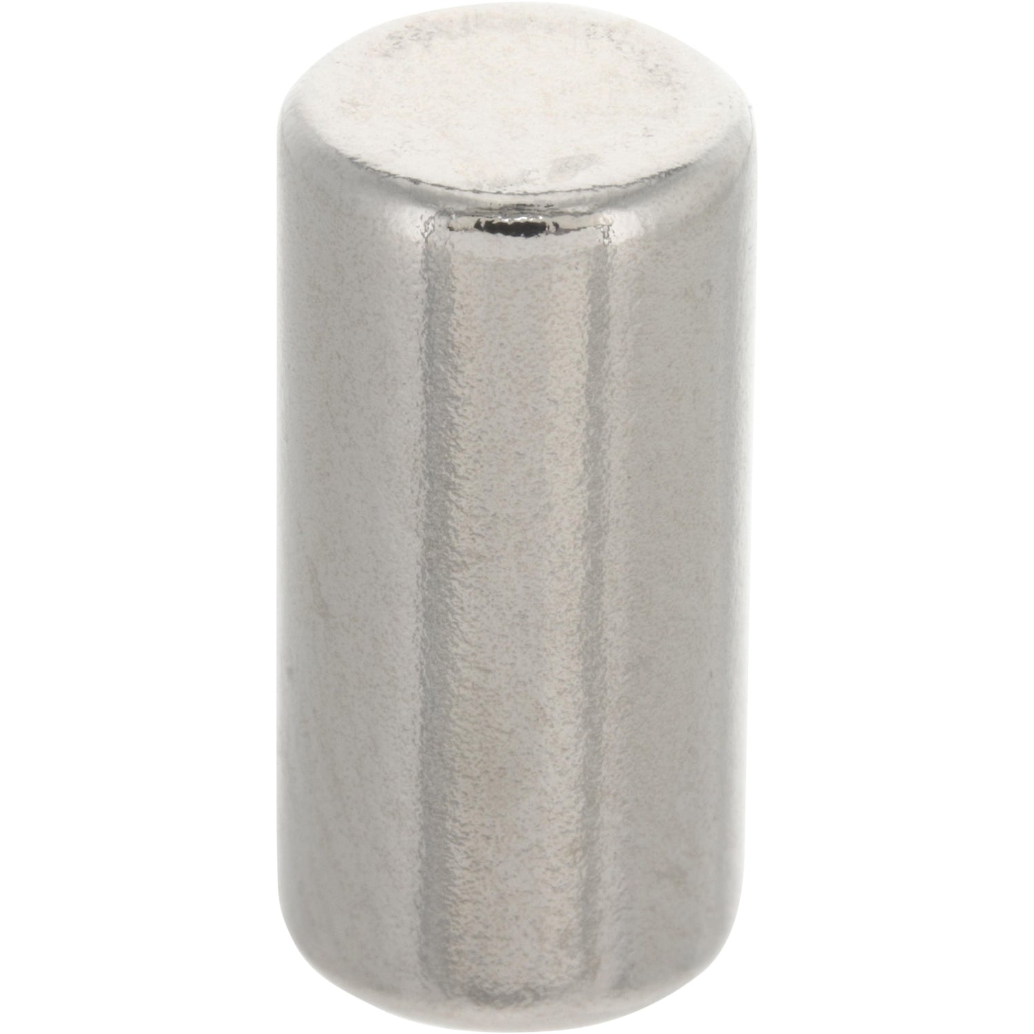 Highly reflective cylindrical magnet. 1/4&quot; dia. x 1/2&quot; thick. Magnet is shown on white background. 