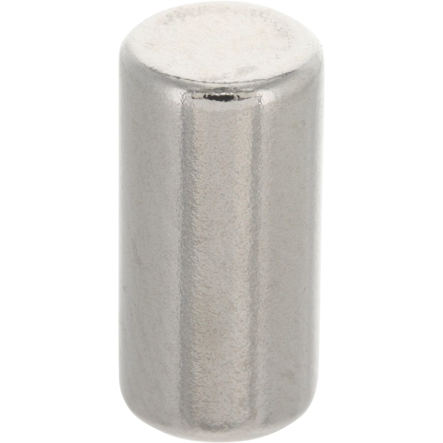 Highly reflective cylindrical magnet. 1/4" dia. x 1/2" thick. Magnet is shown on white background. 