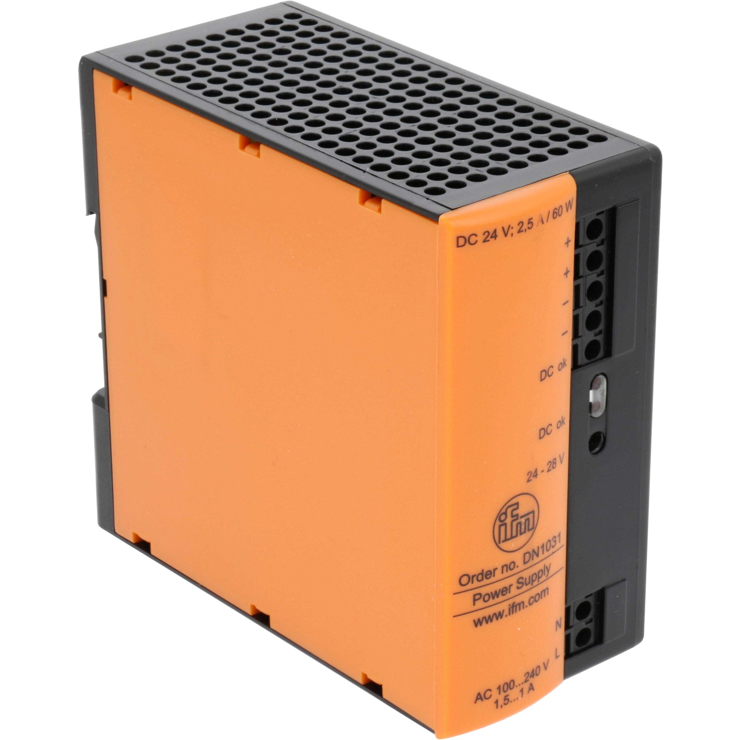 Orange and black power supply 24 V DC on white background. 