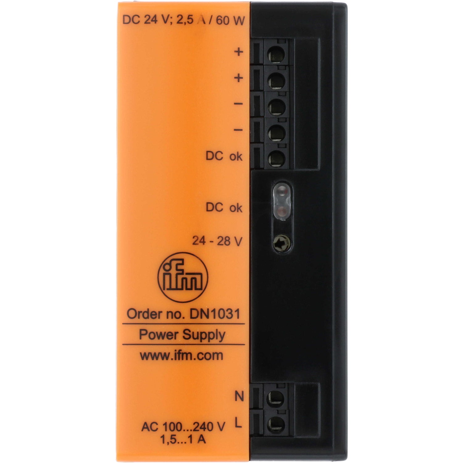 Orange and black power supply 24 V DC on white background. 