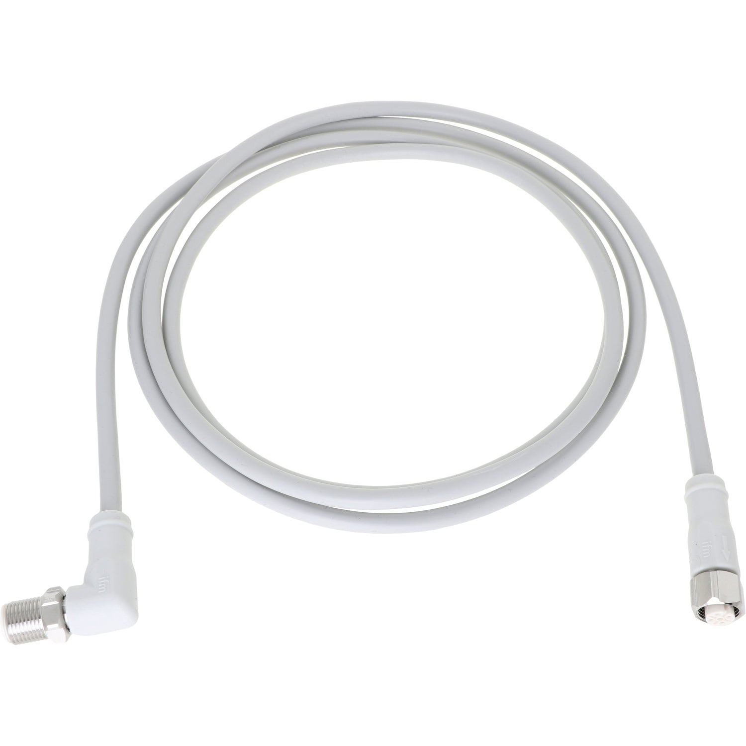 Coiled white connection cable with one 90 degree male threaded end and one straight female end on white background. 