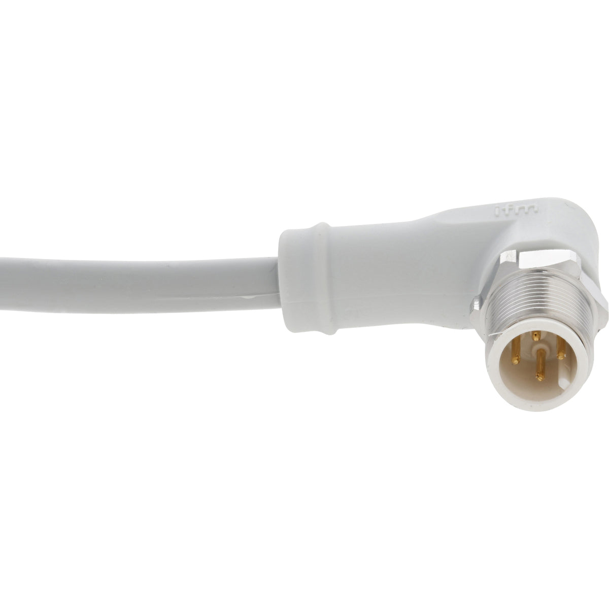Coiled white connection cable with one 90 degree male threaded end and one straight female end on white background.