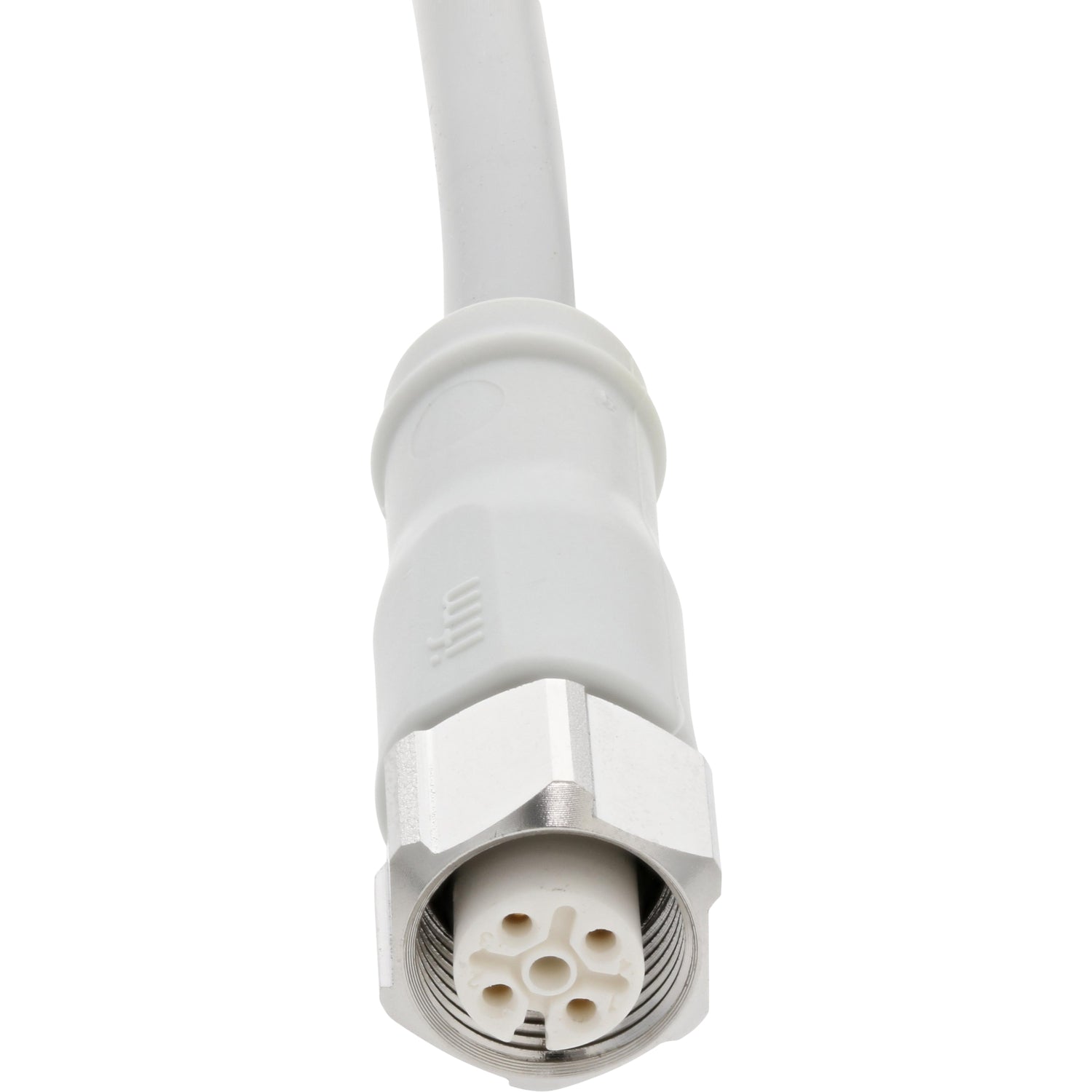Coiled white connection cable with one 90 degree male threaded end and one straight female end on white background.