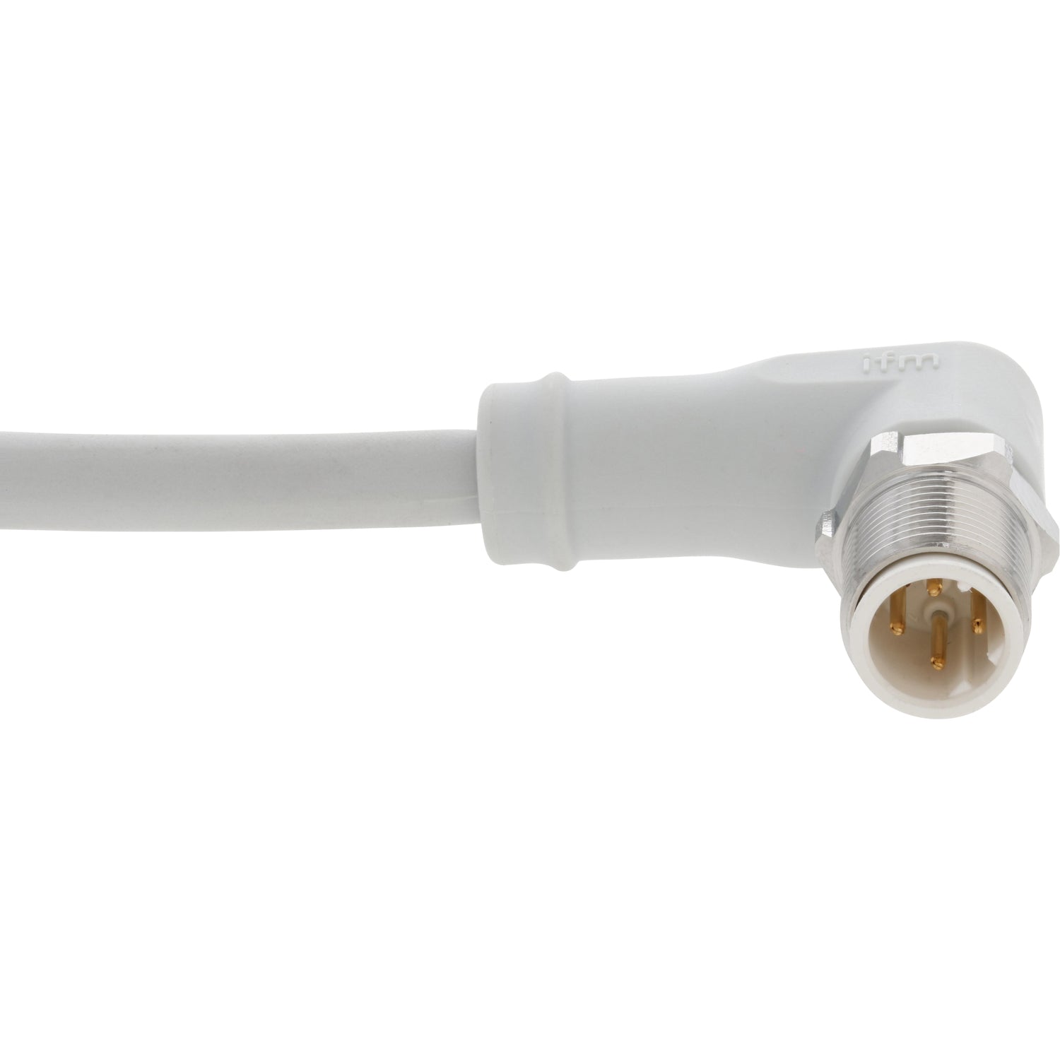 White coiled Ethernet connection cable with 90 degree molded ends on white background.