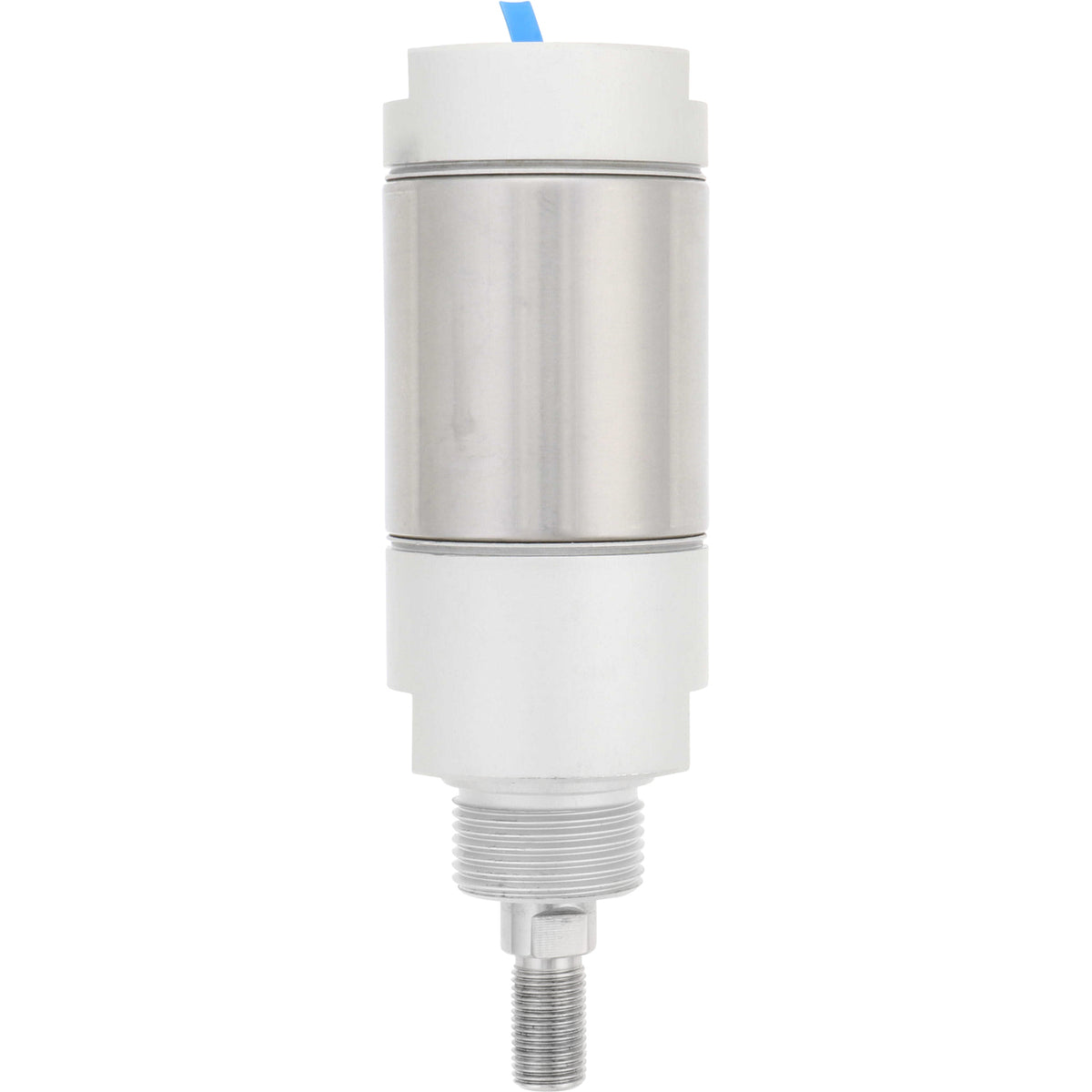 Pneumatic cylinder with threaded cylinder rod facing downward. Cylinder is shown on a white background. NCMB200-0100-DUL00630