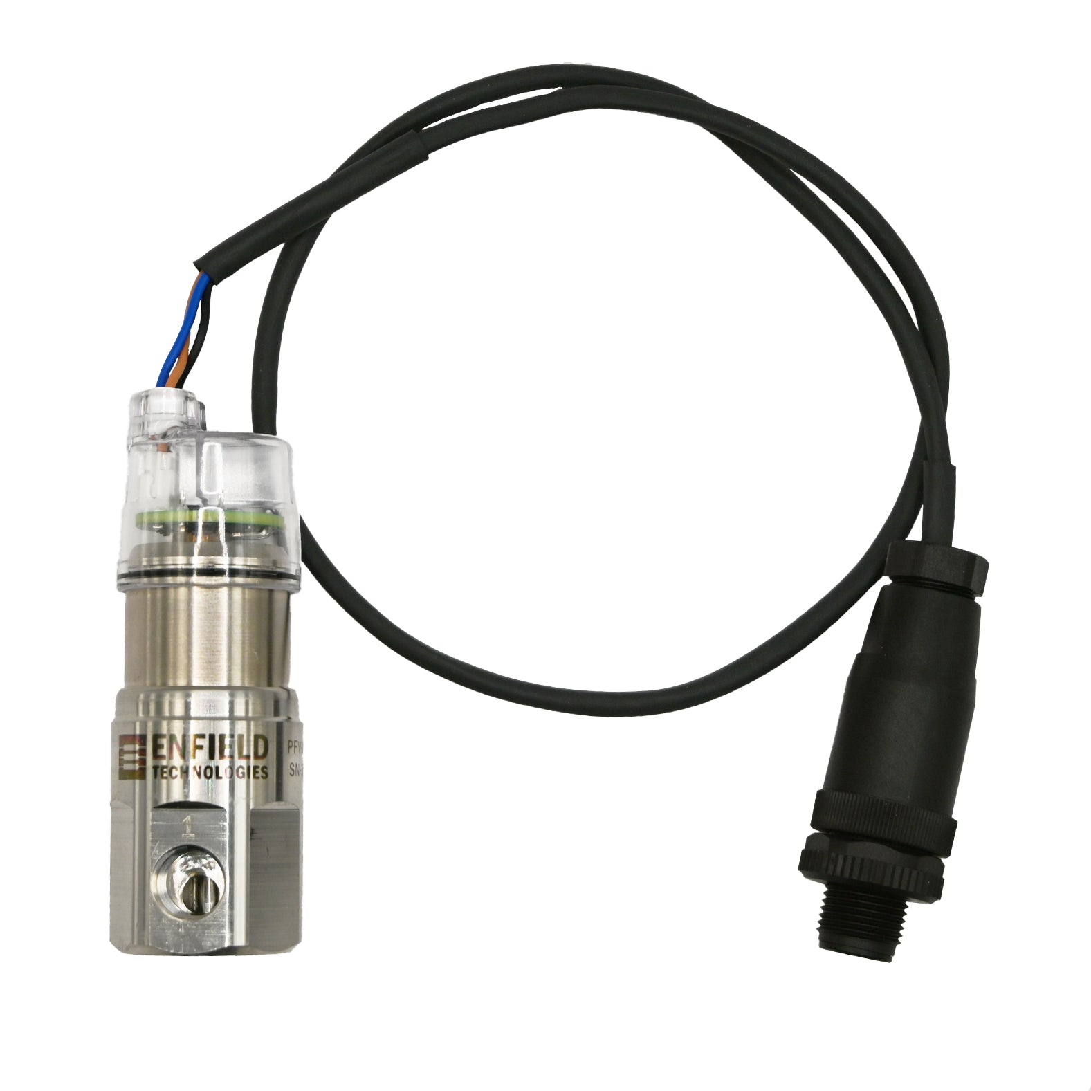 Enfield Valve with black connecting cable and quick connect on white background. 