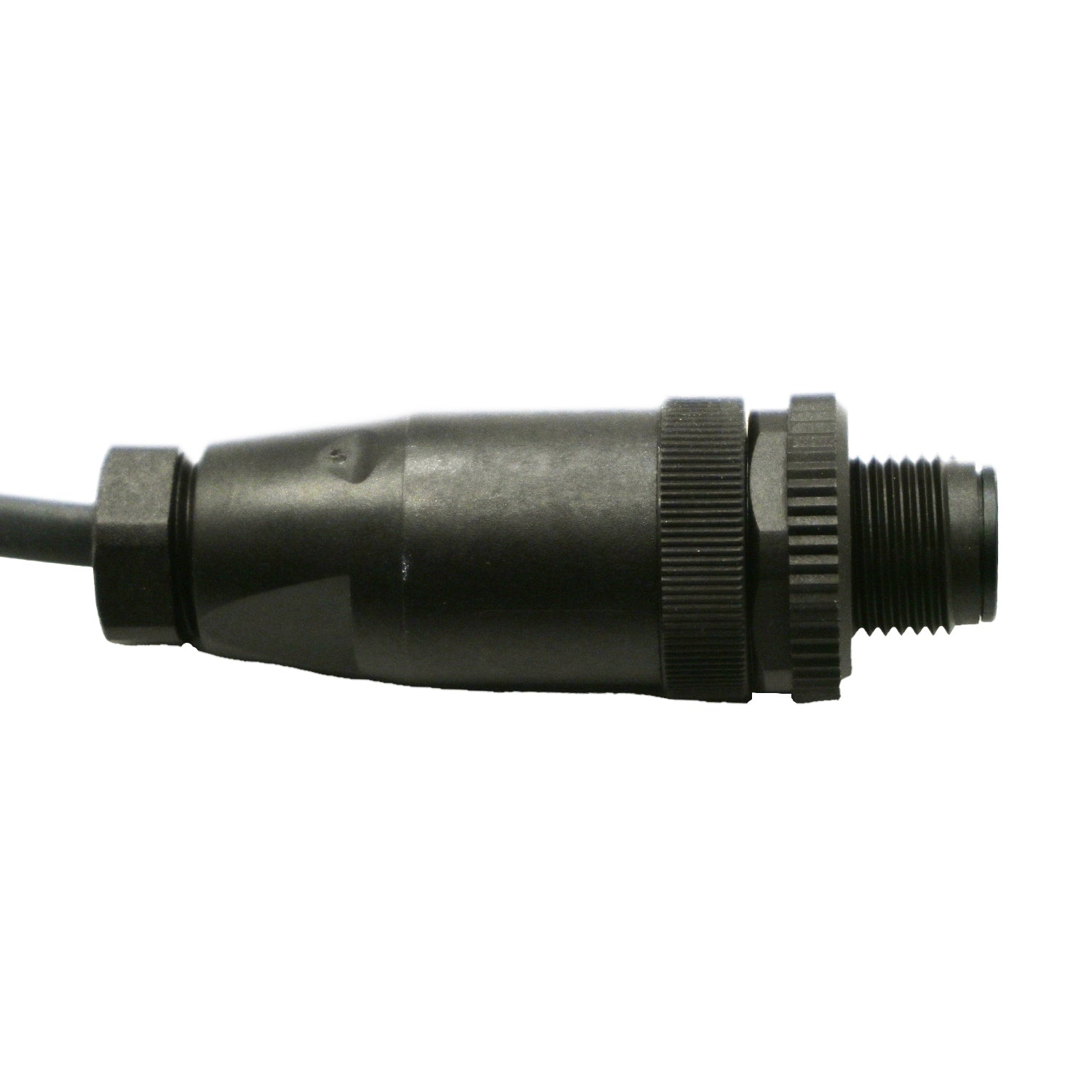 Black 4 pin M12 male quick connect on white background. 