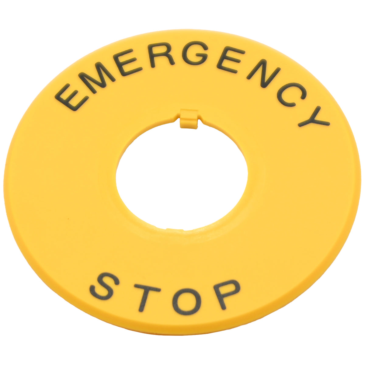 Yellow plastic disc shaped part with center through hole. The part has black text that reads &quot;Emergency Stop&quot;. This part is shown on a white background. 