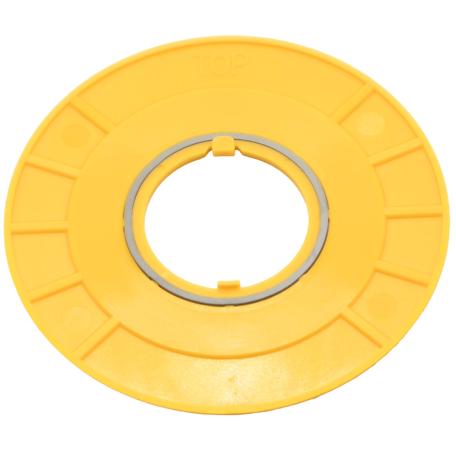 Yellow plastic disc shaped part with center through hole. This part is shown on a white background. .