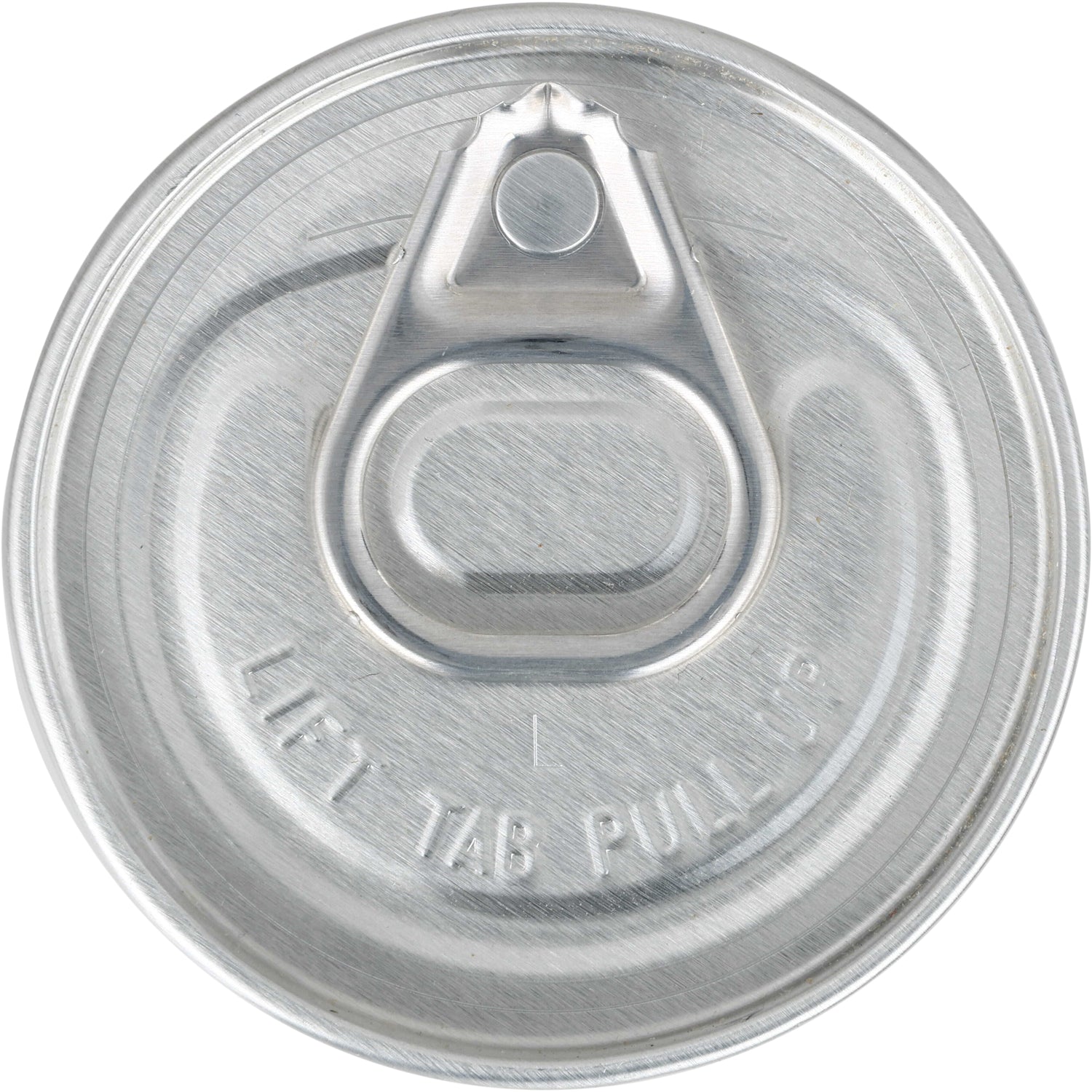 Metal pull tab on white background with pressed words that read "Lift Tab Pull Up"