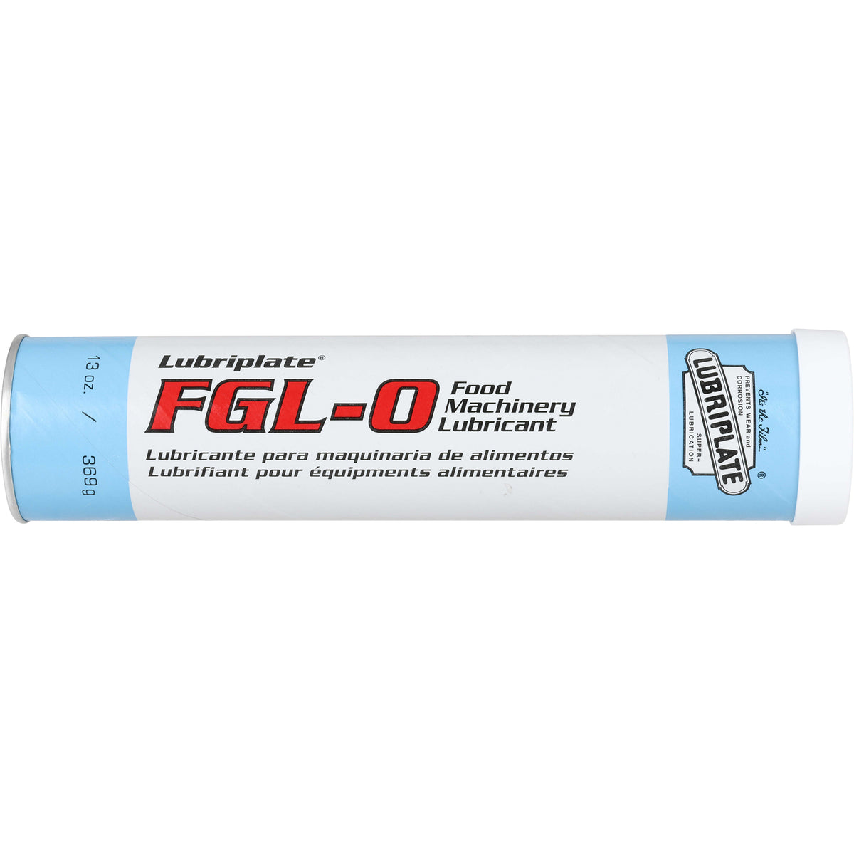 13oz blue and white tube of grease on white background. Text reads &quot;Lubripate FGL-0 Food Machinery Lubricant, Lubricante para maquinaria de alimentos, lubrifiant pour equipments alimentaires.&quot;