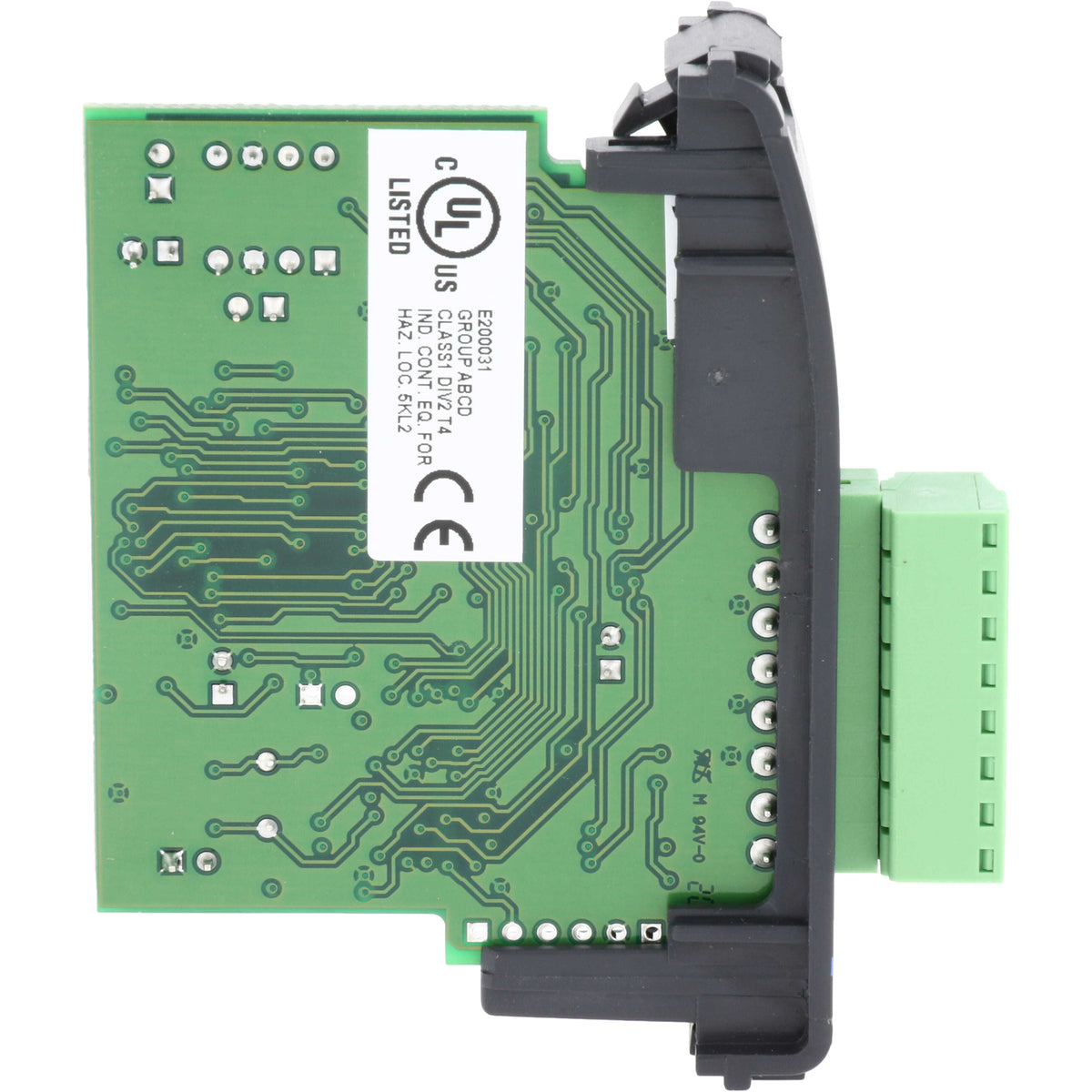 Green and black plastic analog card and circuit board on white background.  F0-04AD-1
