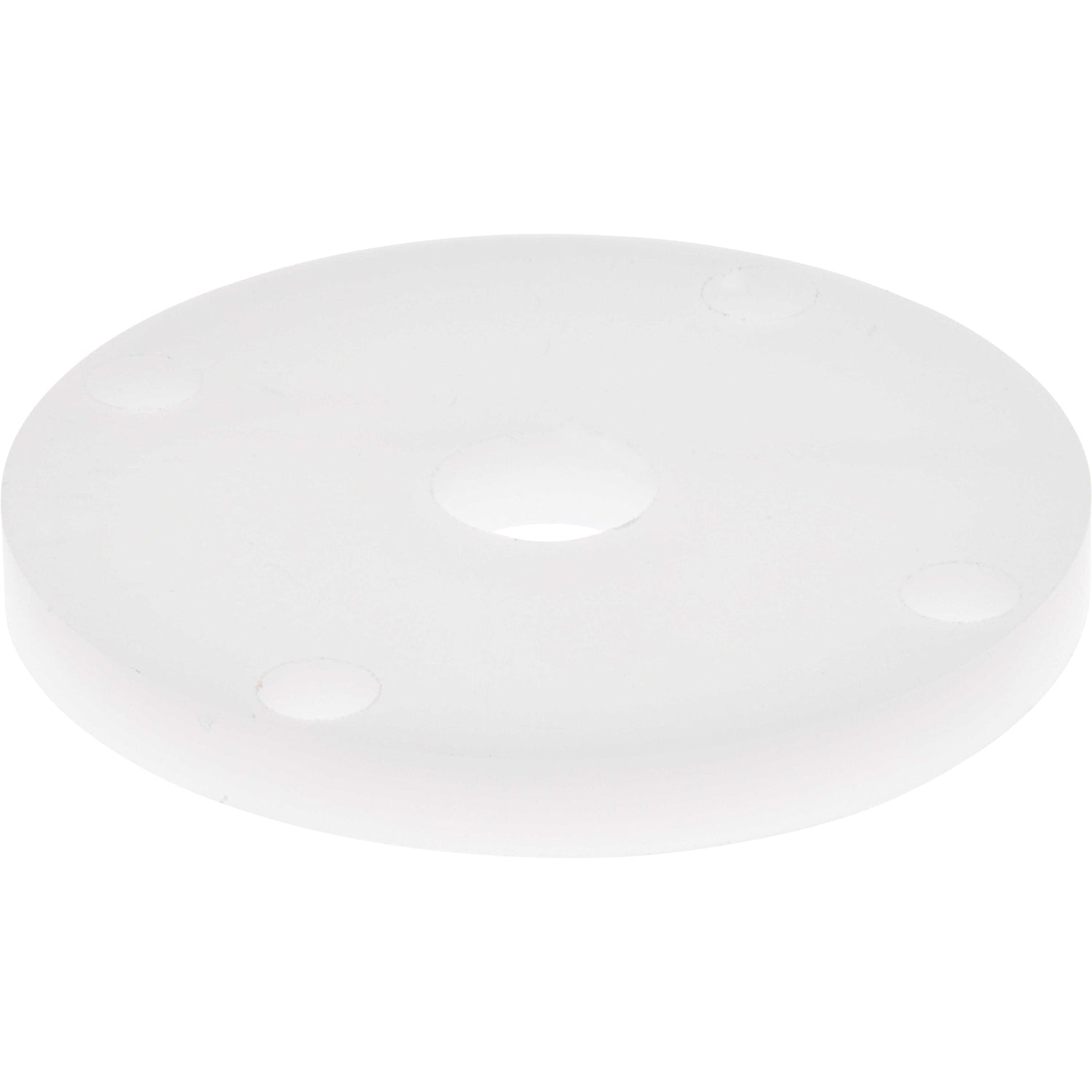 White plastic disk shaped part with four evenly spaced through holes on outer diameter and one larger through hole in the center of the part. Part shown on a white background. 