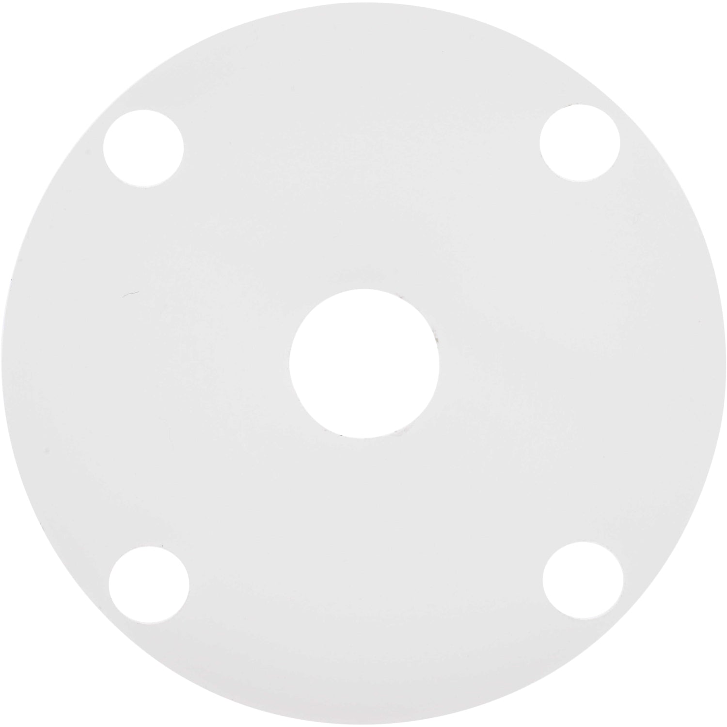 White plastic disk shaped part with four evenly spaced through holes on outer diameter and one larger through hole in the center of the part. Part shown on a white background. 