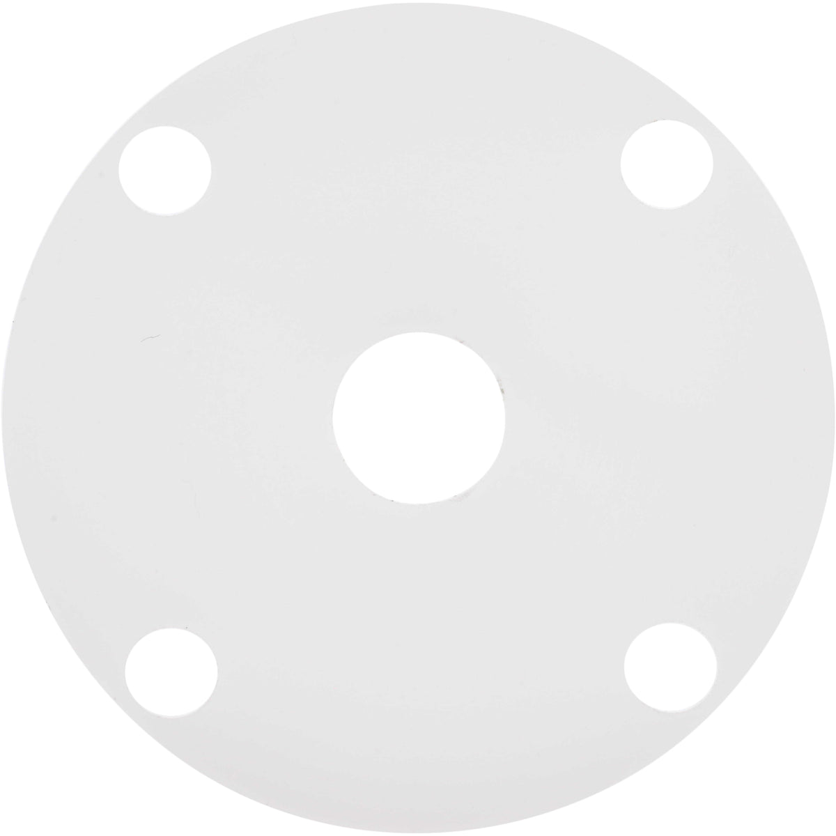 White plastic disk shaped part with four evenly spaced through holes on outer diameter and one larger through hole in the center of the part. Part shown on a white background. 