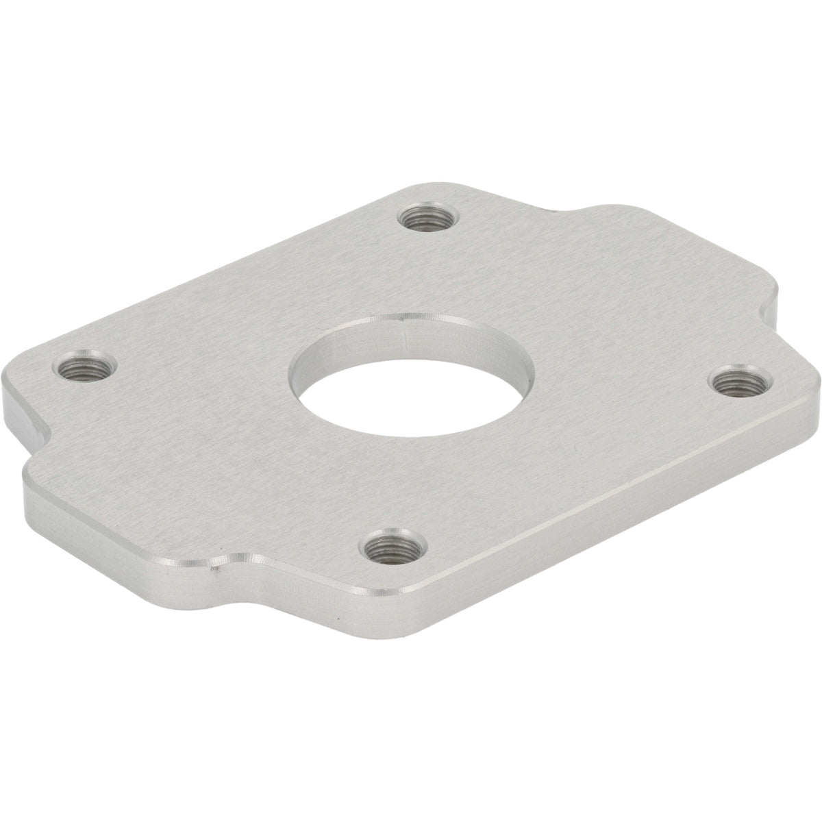 Machined aluminum plate with one larger center hole and four smaller threaded holes on each corner. Part shown on white background. 