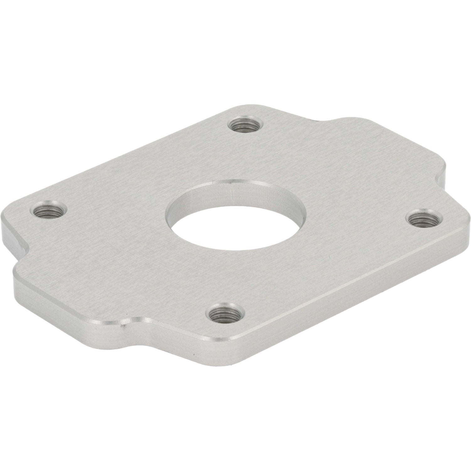 Machined aluminum plate with one larger center hole and four smaller threaded holes on each corner. Part shown on white background. 