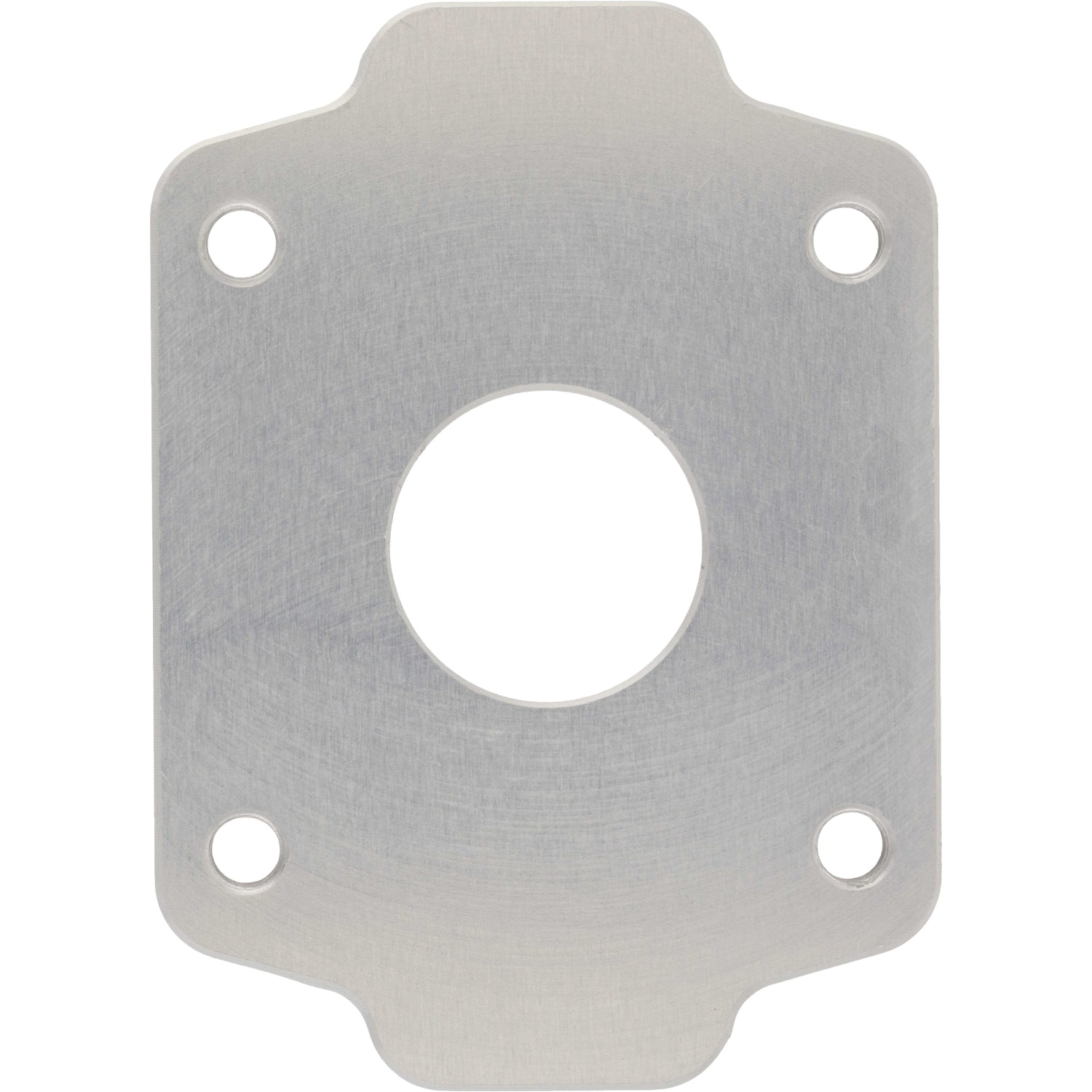 Machined aluminum plate with one larger center hole and four smaller threaded holes on each corner. Part shown on white background. 