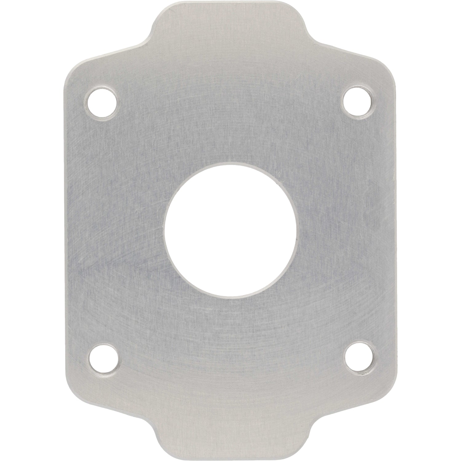 Machined aluminum plate with one larger center hole and four smaller threaded holes on each corner. Part shown on white background. 