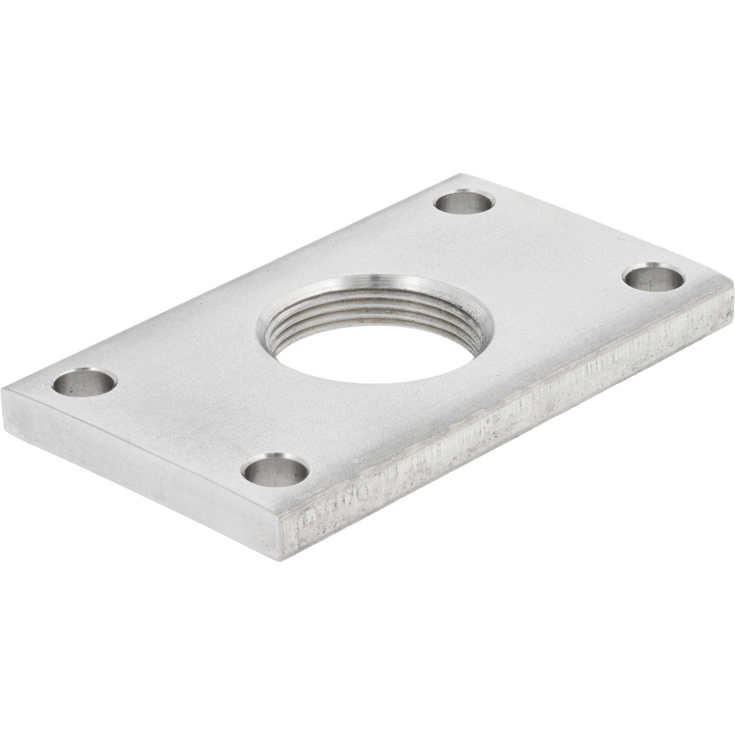 Rectangular stainless steel plate with large threaded center hole and four smaller through holes on each corner. Part shown on white background. 