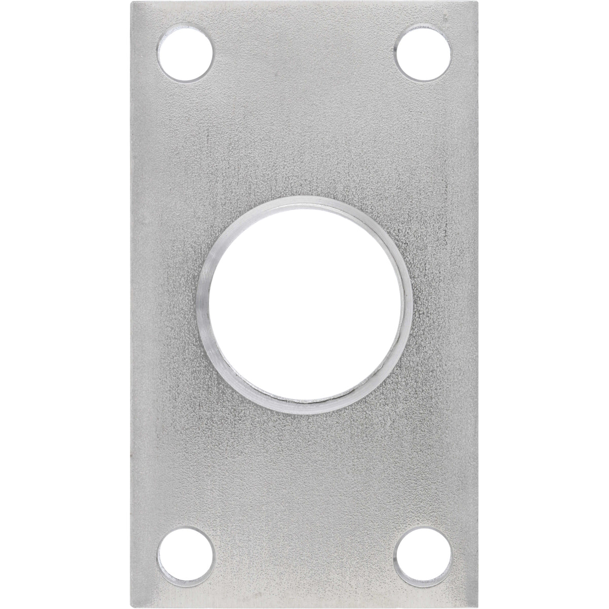 Rectangular stainless steel plate with large threaded center hole and four smaller through holes on each corner. Part shown on white background. 