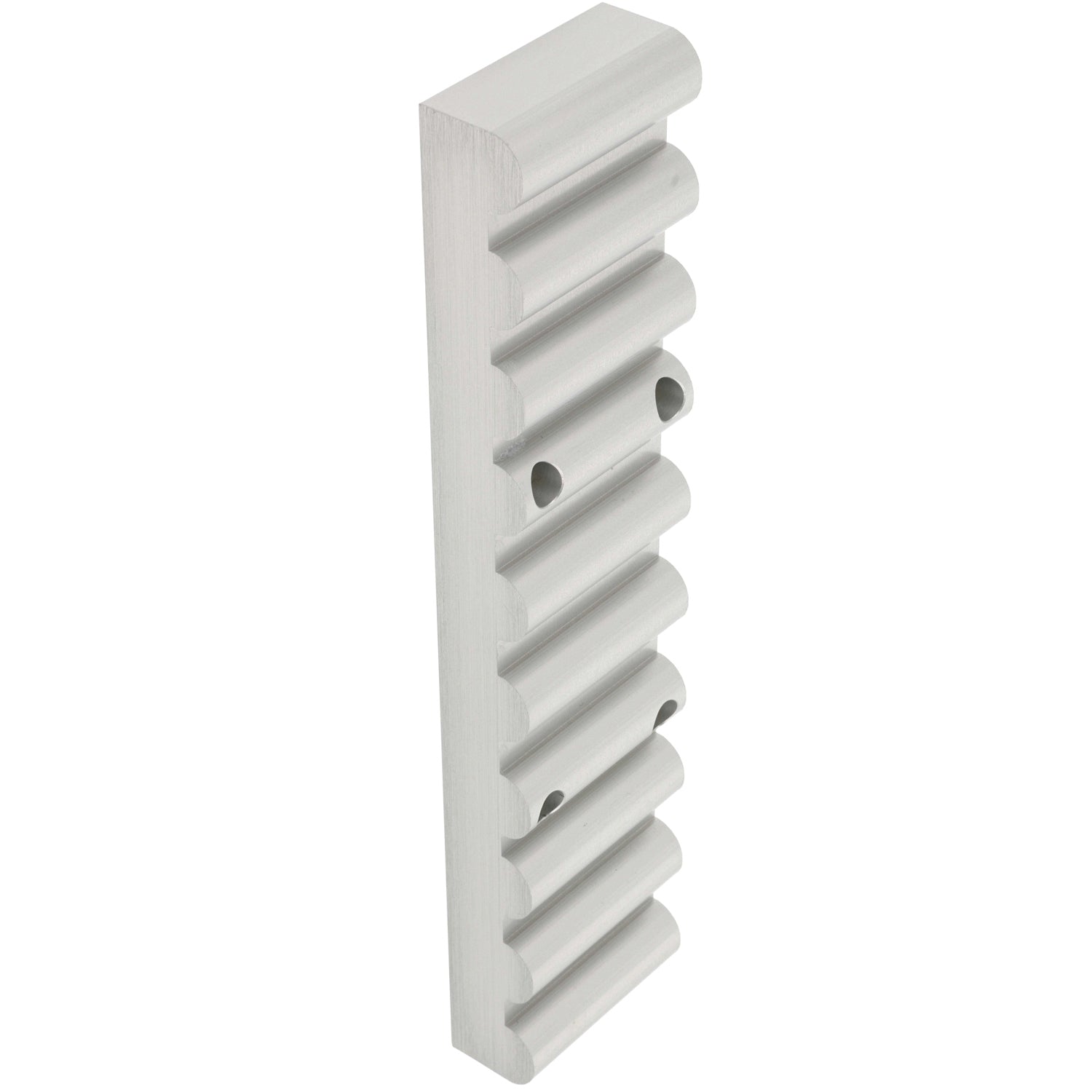 Ridged rectangular aluminum part with four through holes on white background. 