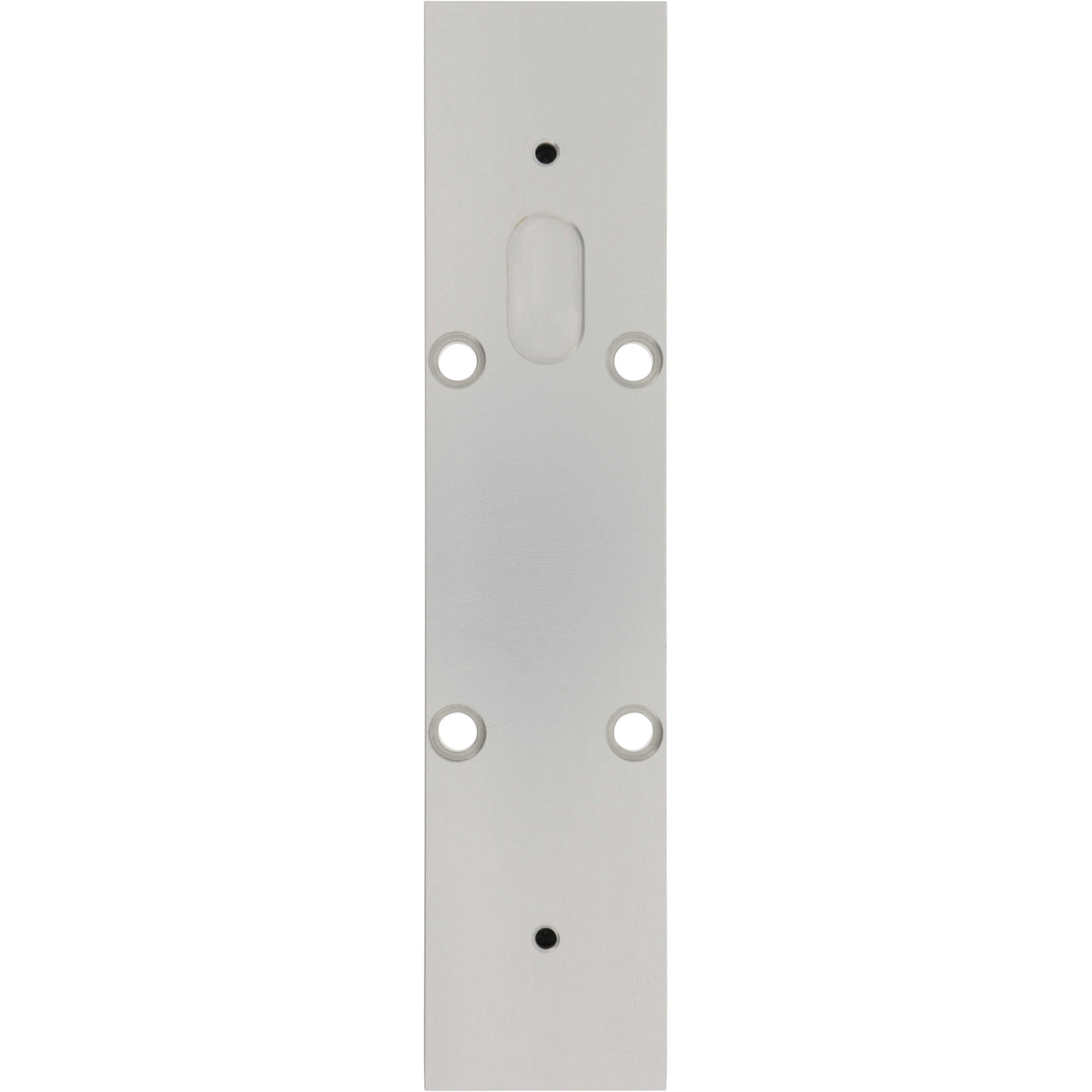 Ridged rectangular aluminum part with four through holes on white background. 