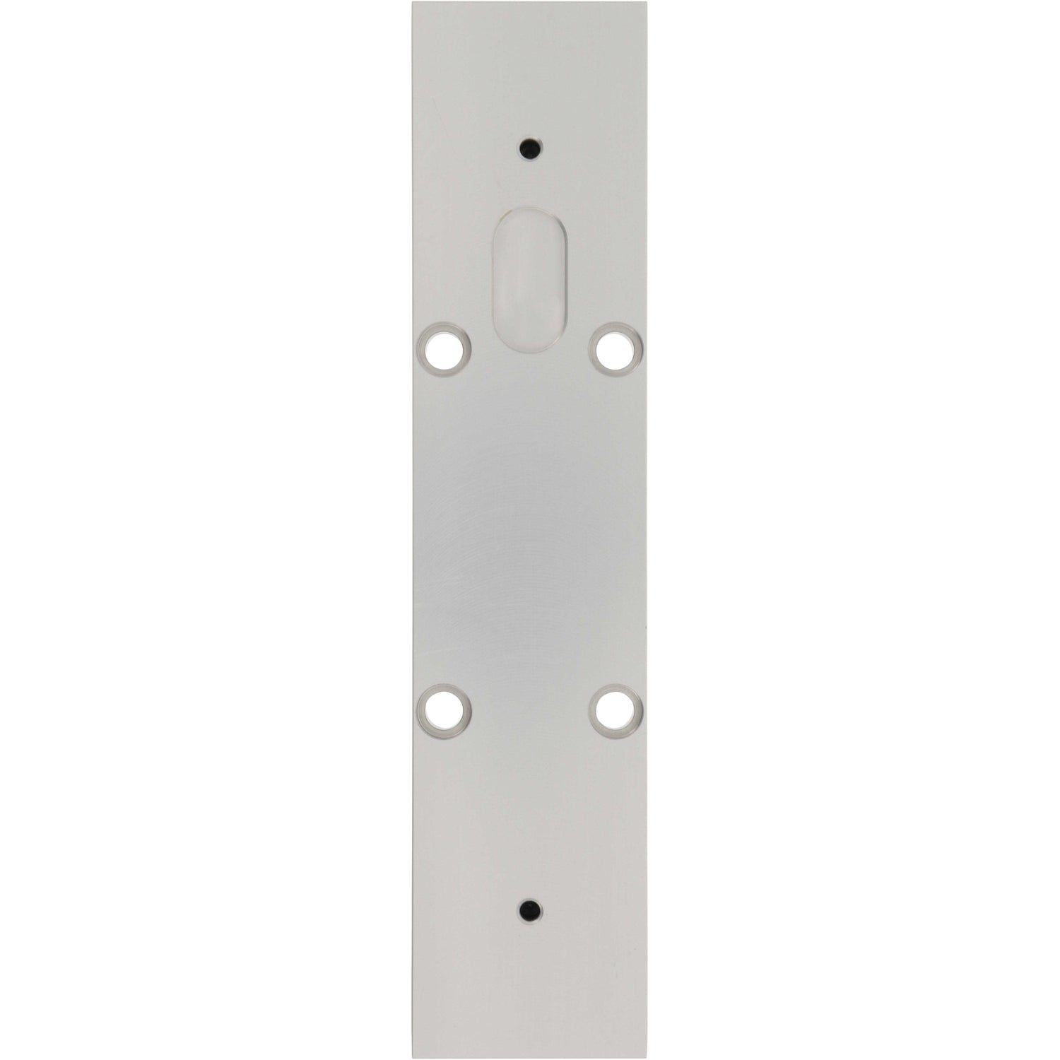 Ridged rectangular aluminum part with four through holes on white background. 