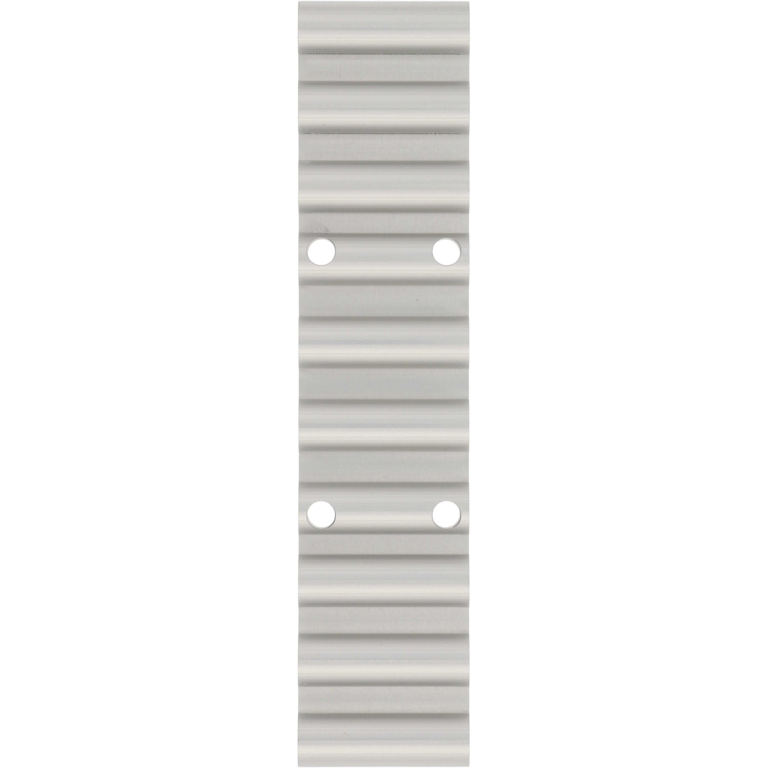 Ridged rectangular aluminum part with four through holes on white background. 