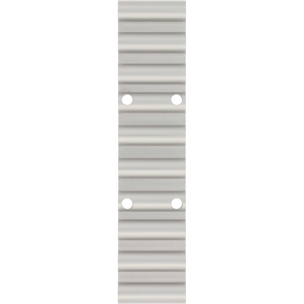 Ridged rectangular aluminum part with four through holes on white background. 