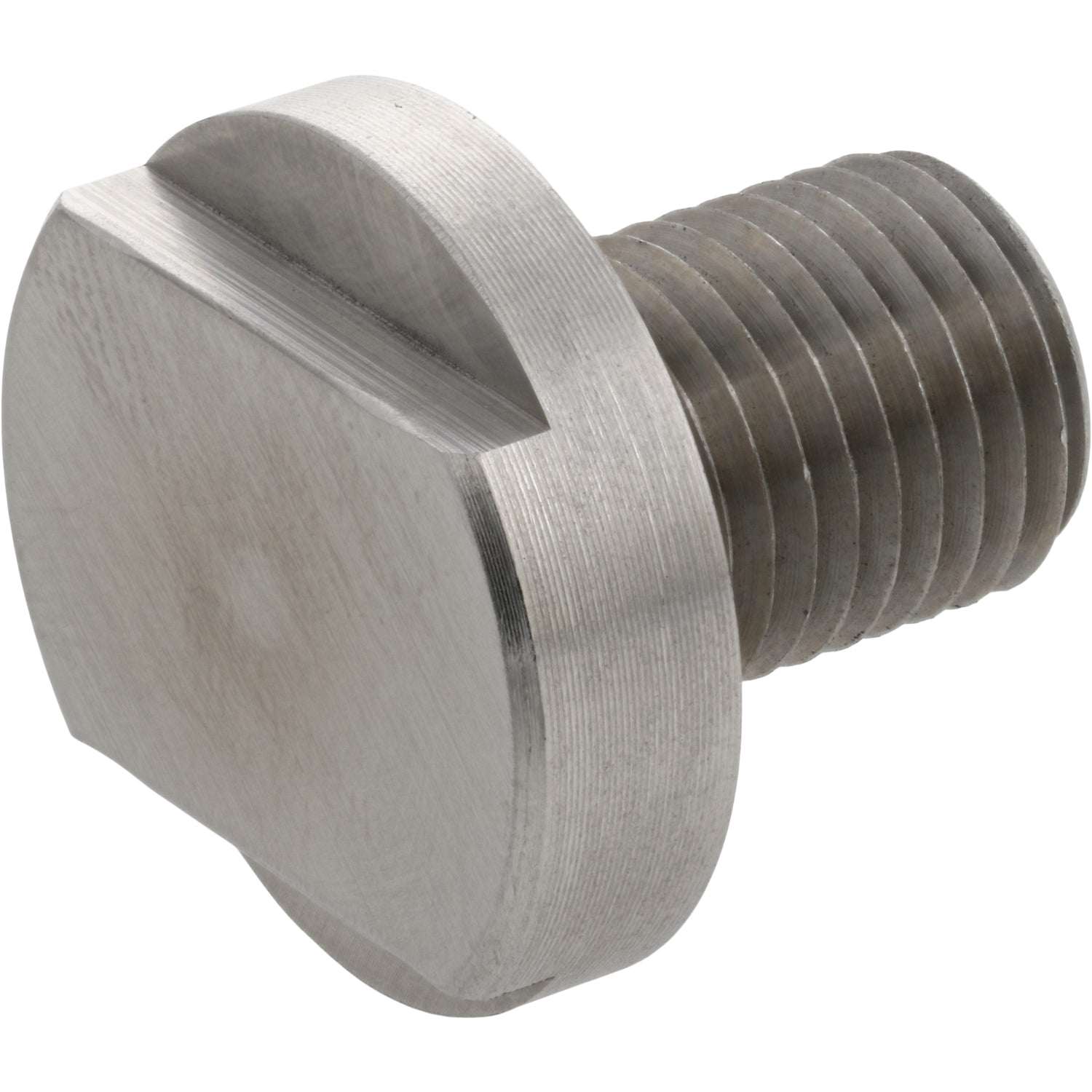 Stainless steel threaded screw with machined flats on white background. 